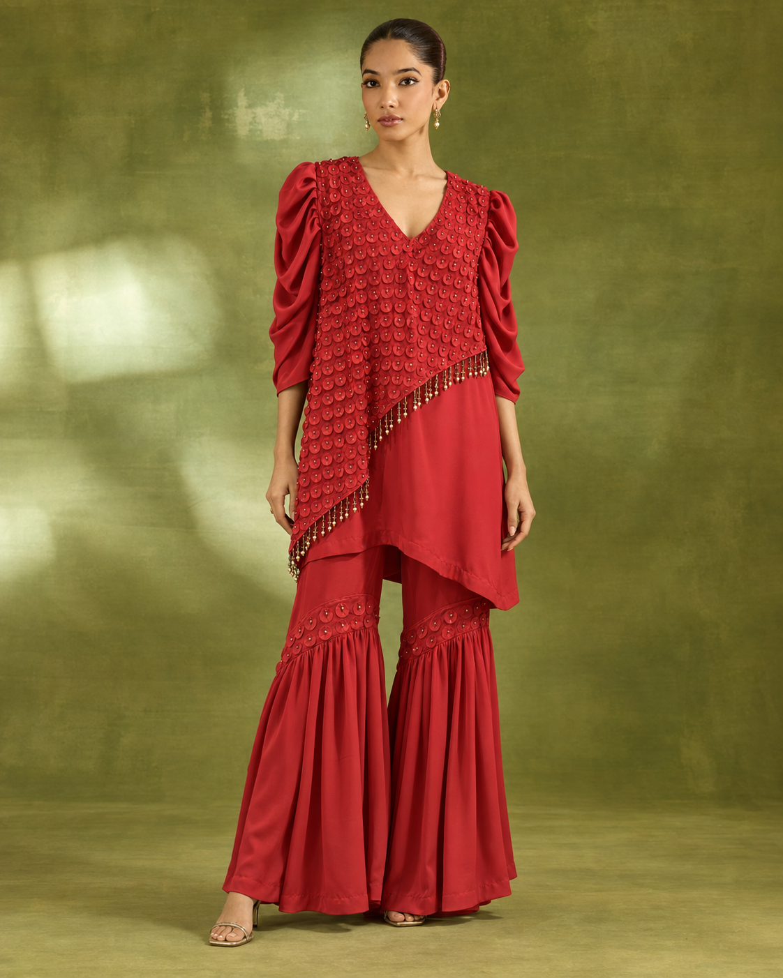 Red Asymmetric Petal Top & Flared Bottom Set — Product photo 1