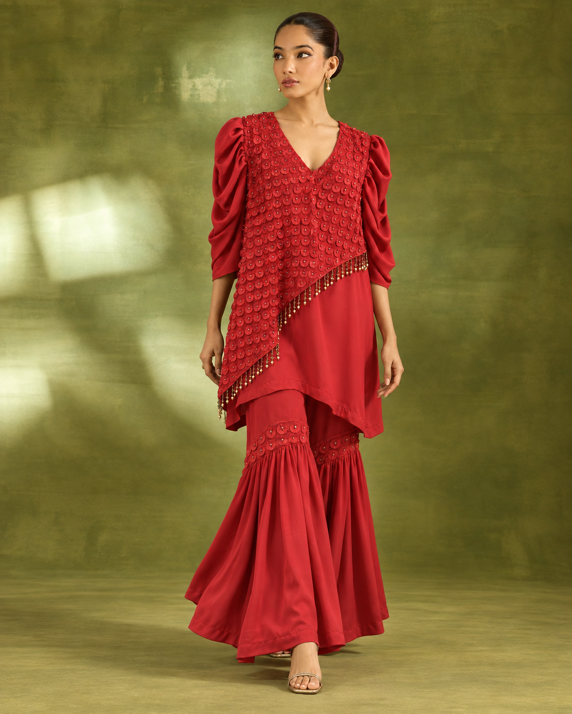 Red Asymmetric Petal Top & Flared Bottom Set — Product photo 2