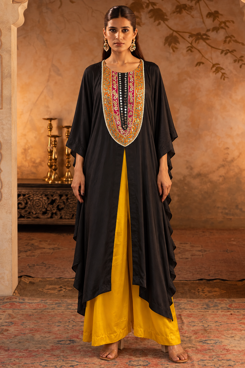 Black & Mustard Mirror-Yoke Kaftan Set — Product photo 1