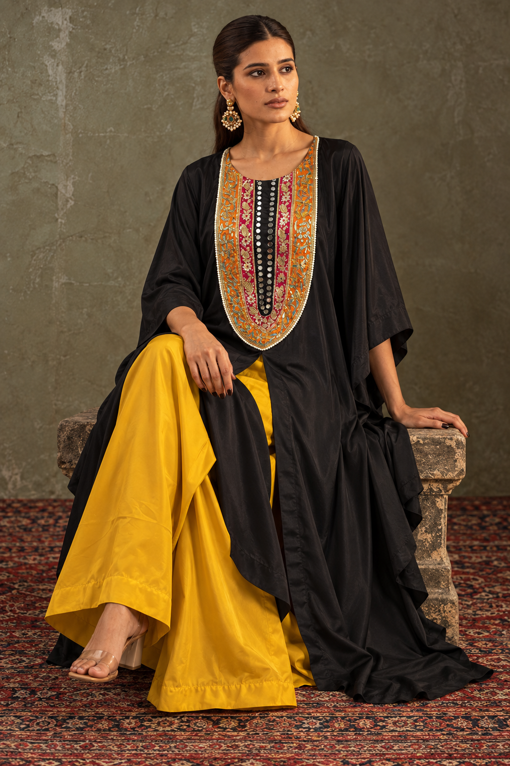 Black & Mustard Mirror-Yoke Kaftan Set — Product photo 3