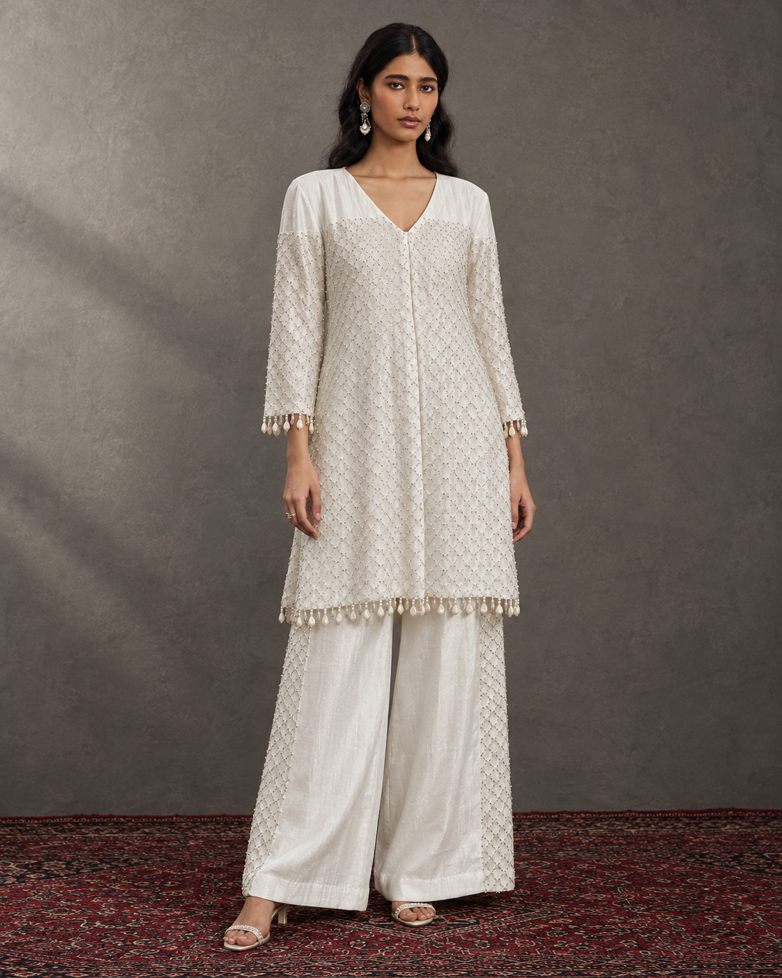 Ivory Silver-Lattice Tunic & Wide Pant Set — Product photo 1