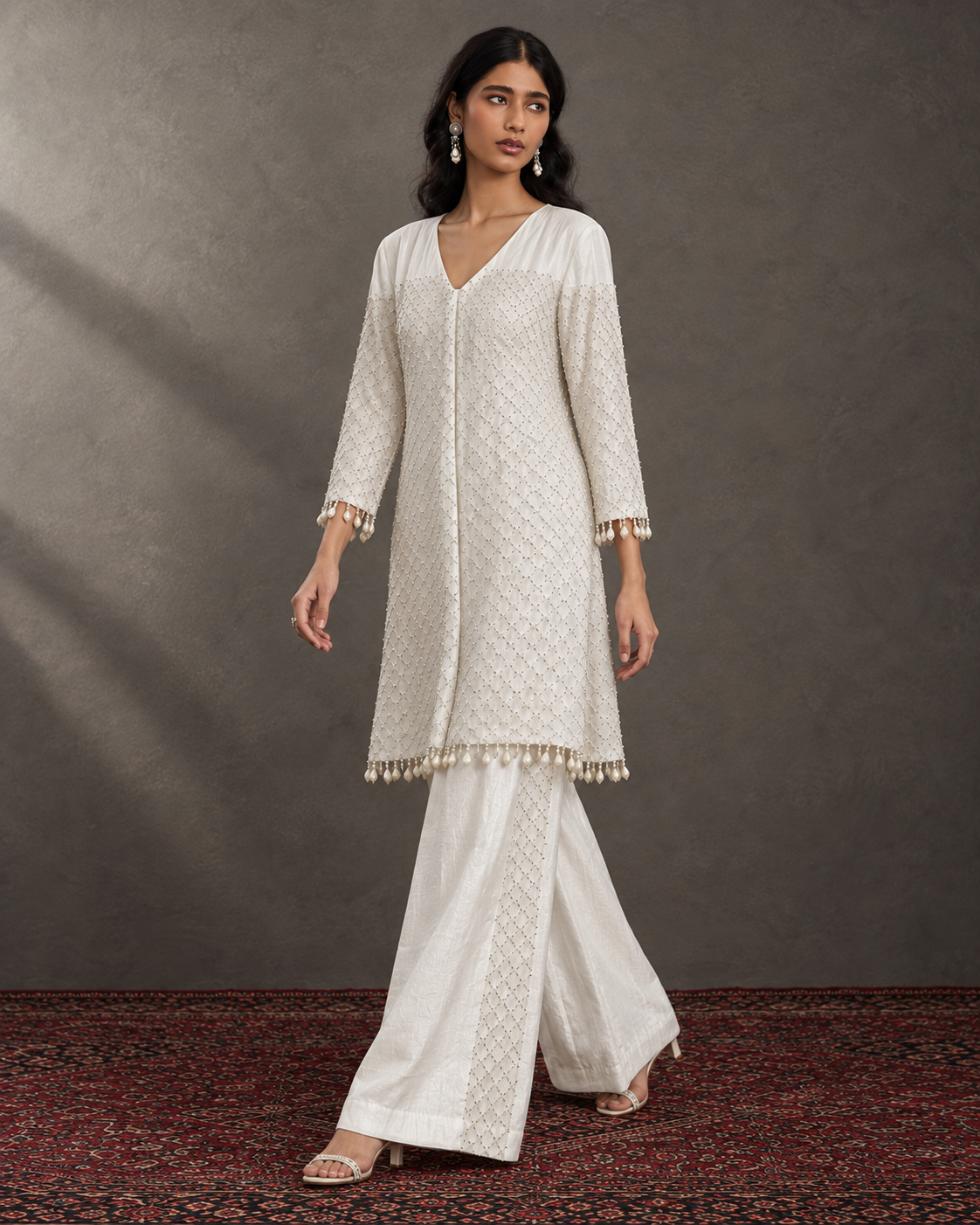 Ivory Silver-Lattice Tunic & Wide Pant Set — Product photo 2