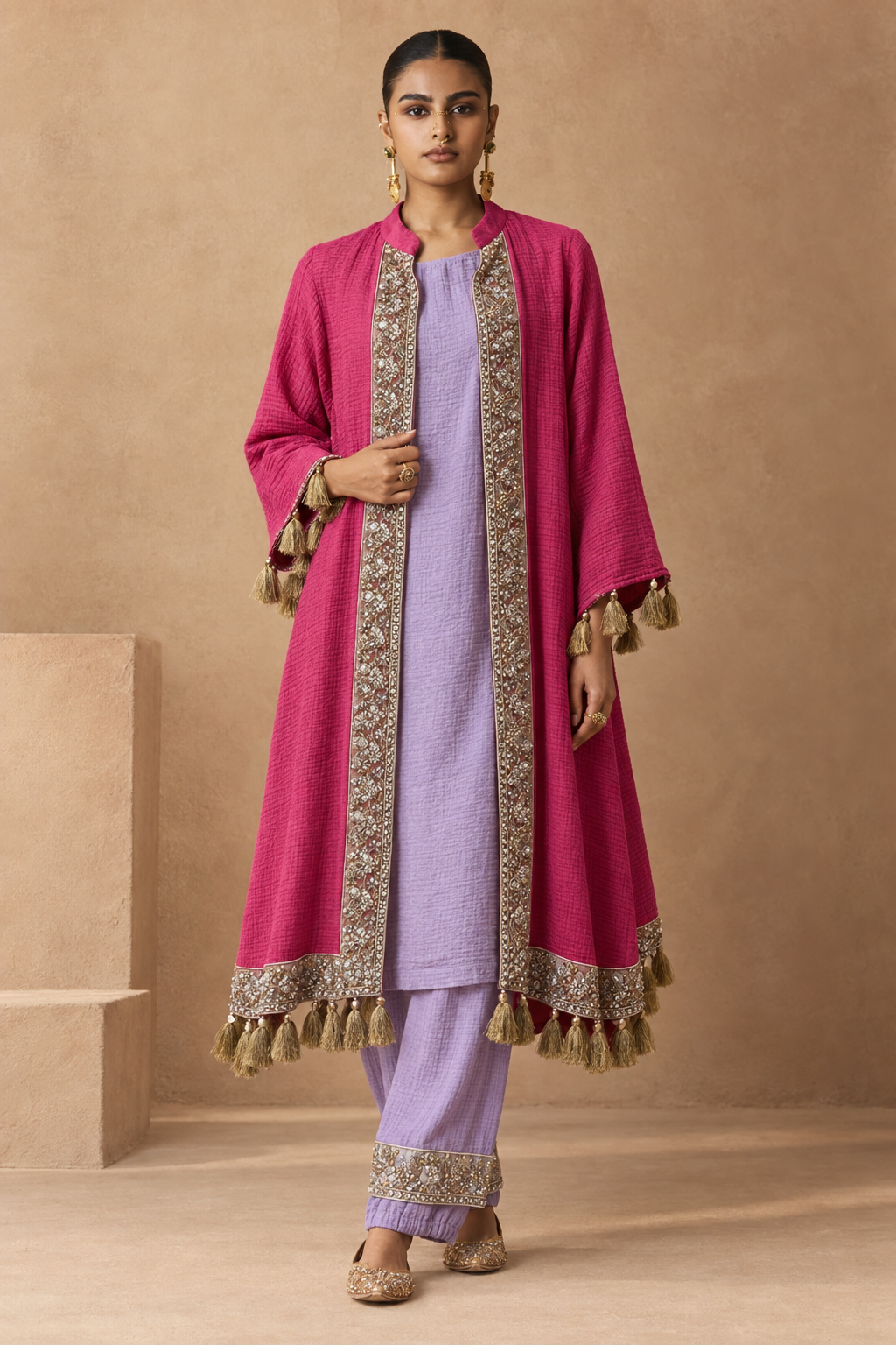 Fuchsia Embroidered Jacket & Lilac Dhoti Set — Product photo 1