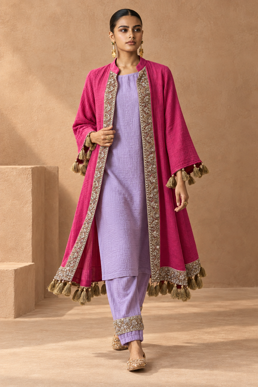 Fuchsia Embroidered Jacket & Lilac Dhoti Set — Product photo 2