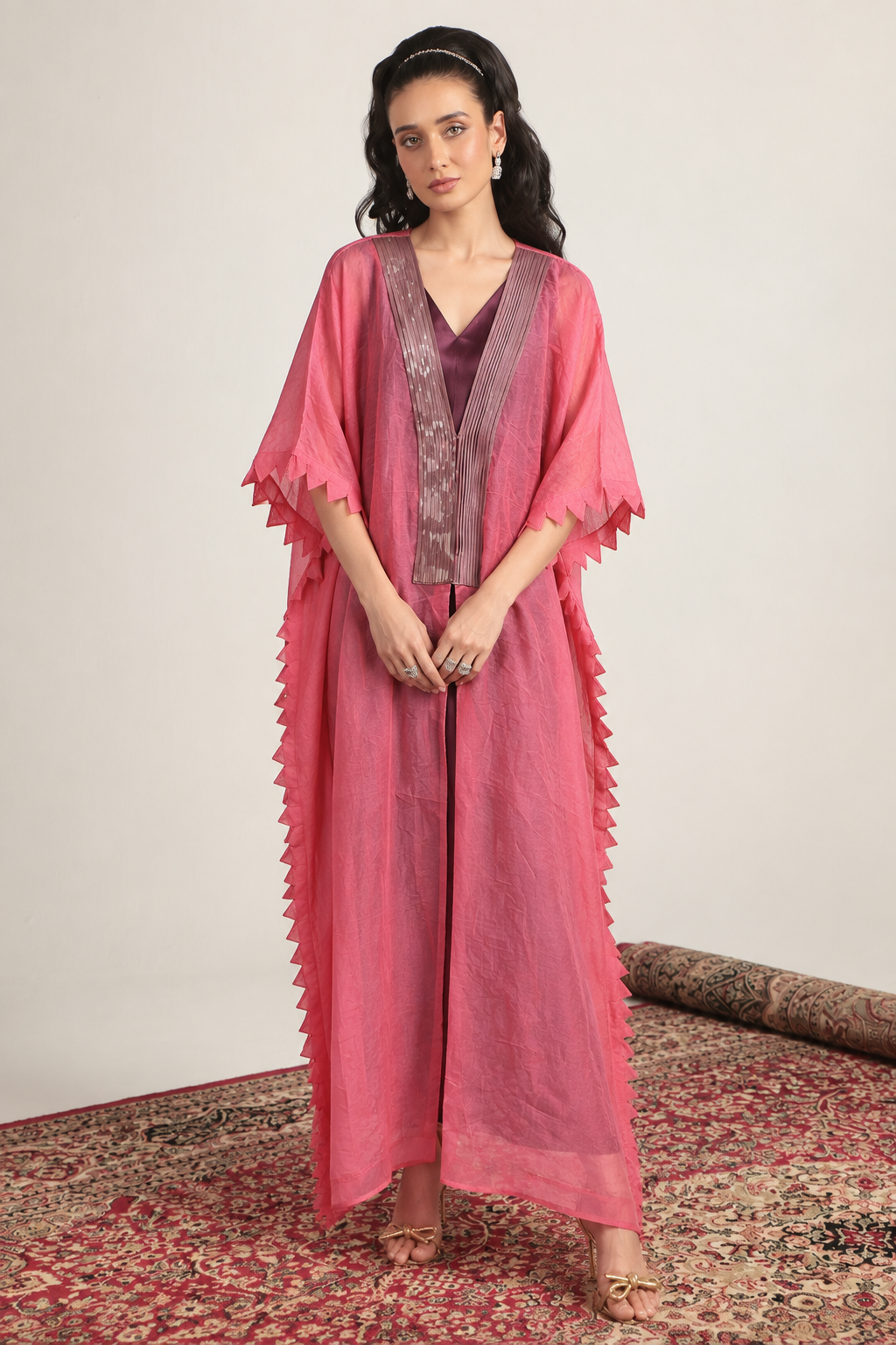 Coral Pink Sheer-Striped Kaftan Set — Product photo 1