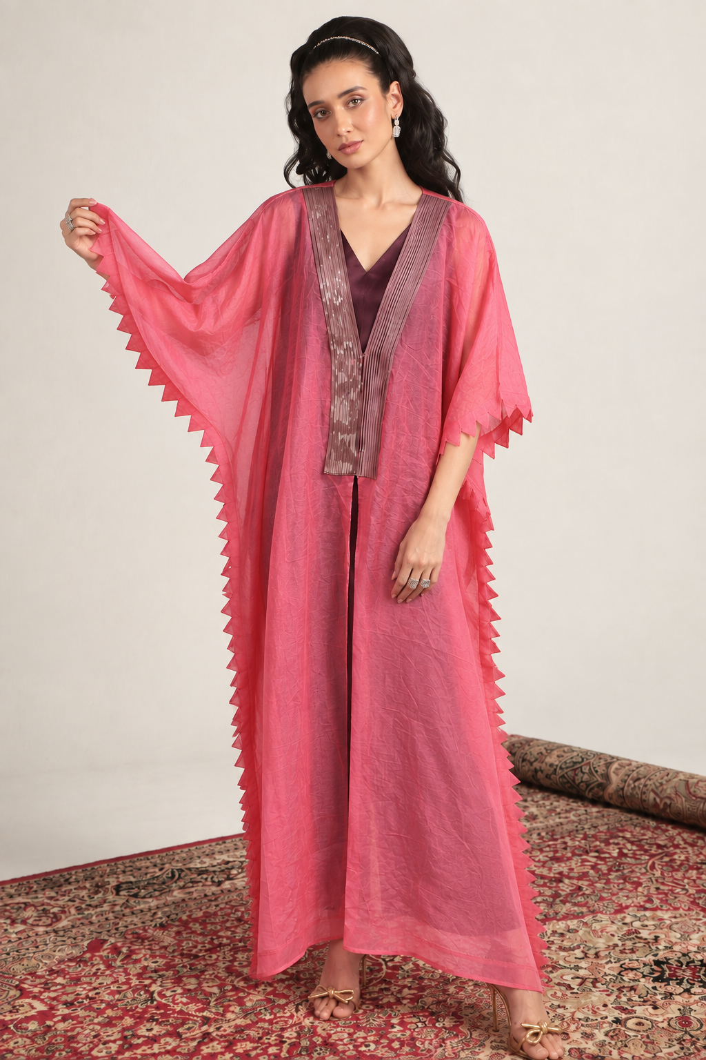 Coral Pink Sheer-Striped Kaftan Set — Product photo 5