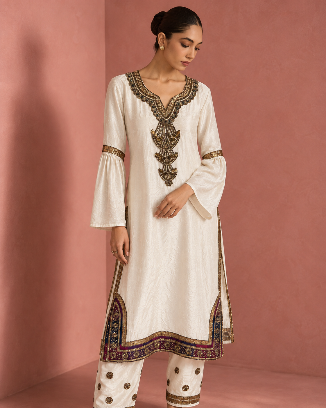 Ivory Gold-Jewel Border Kurta Set — Product photo 3
