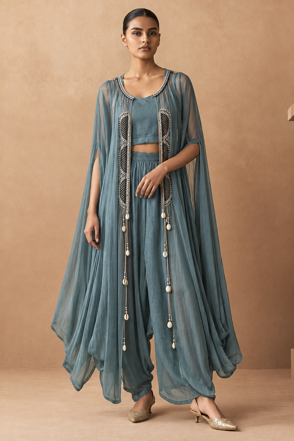 Teal Three-Piece Cape & Dhoti Set — Product photo 1