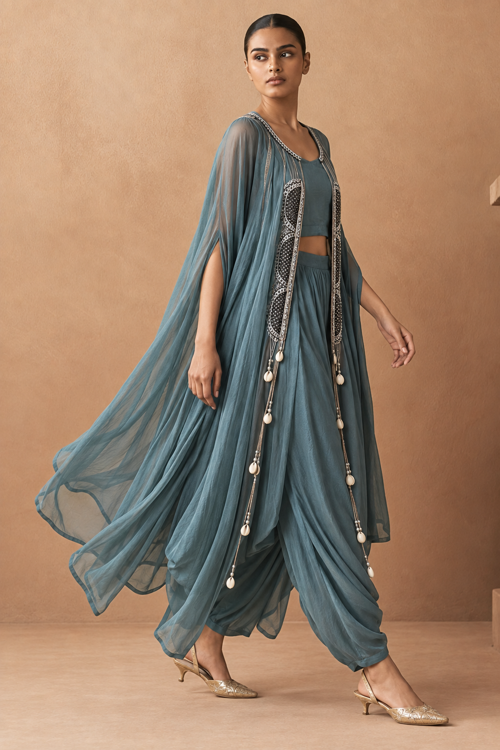 Teal Three-Piece Cape & Dhoti Set — Product photo 2