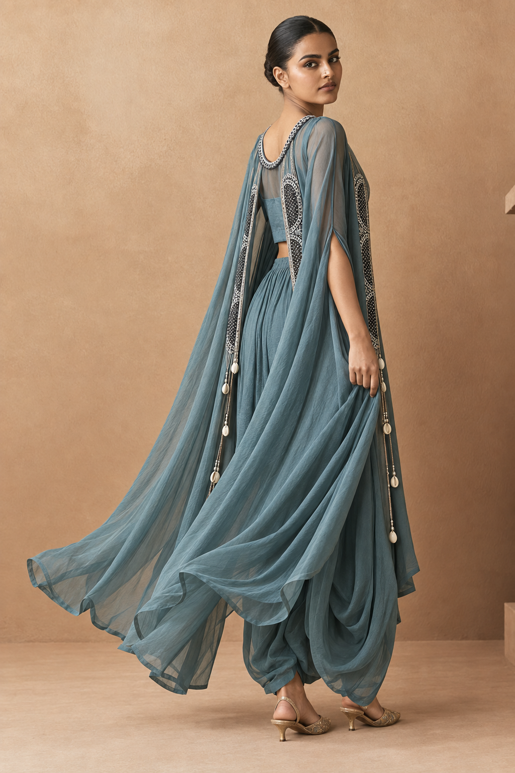 Teal Three-Piece Cape & Dhoti Set — Product photo 4