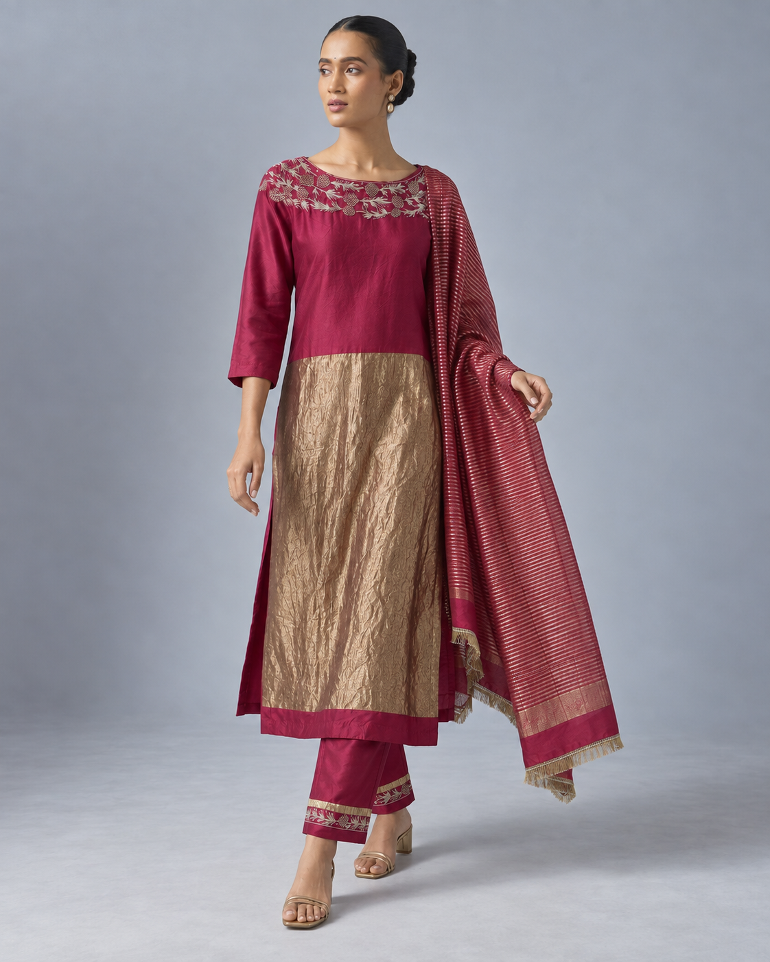 Wine & Gold Floral-Yoke Kurta Set — Product photo 2