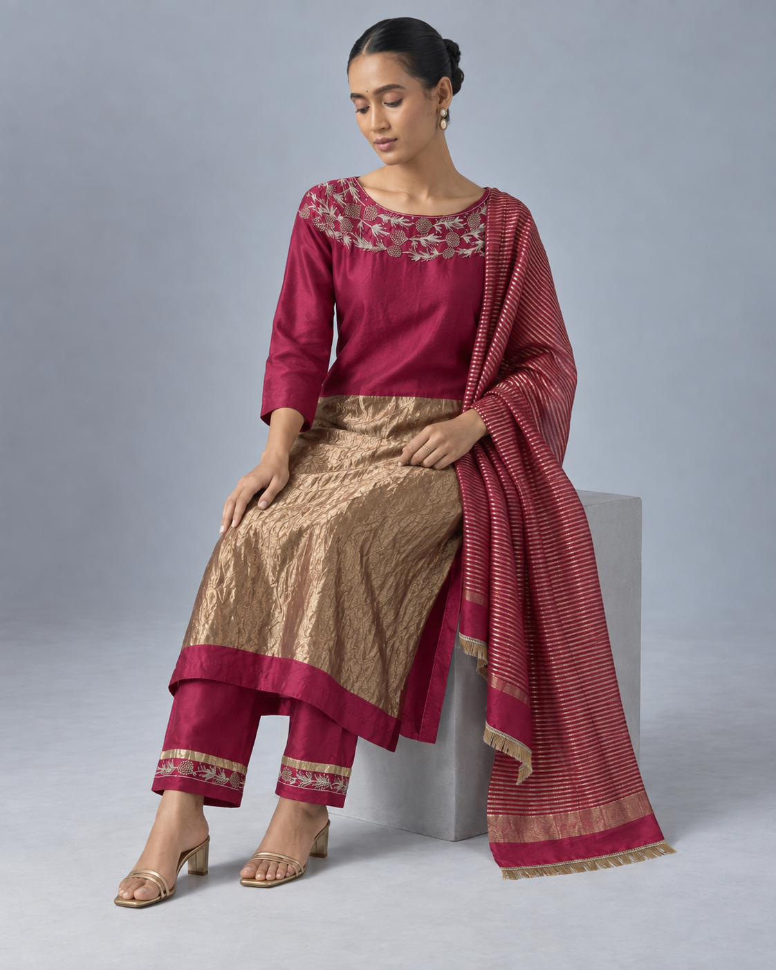 Wine & Gold Floral-Yoke Kurta Set — Product photo 4