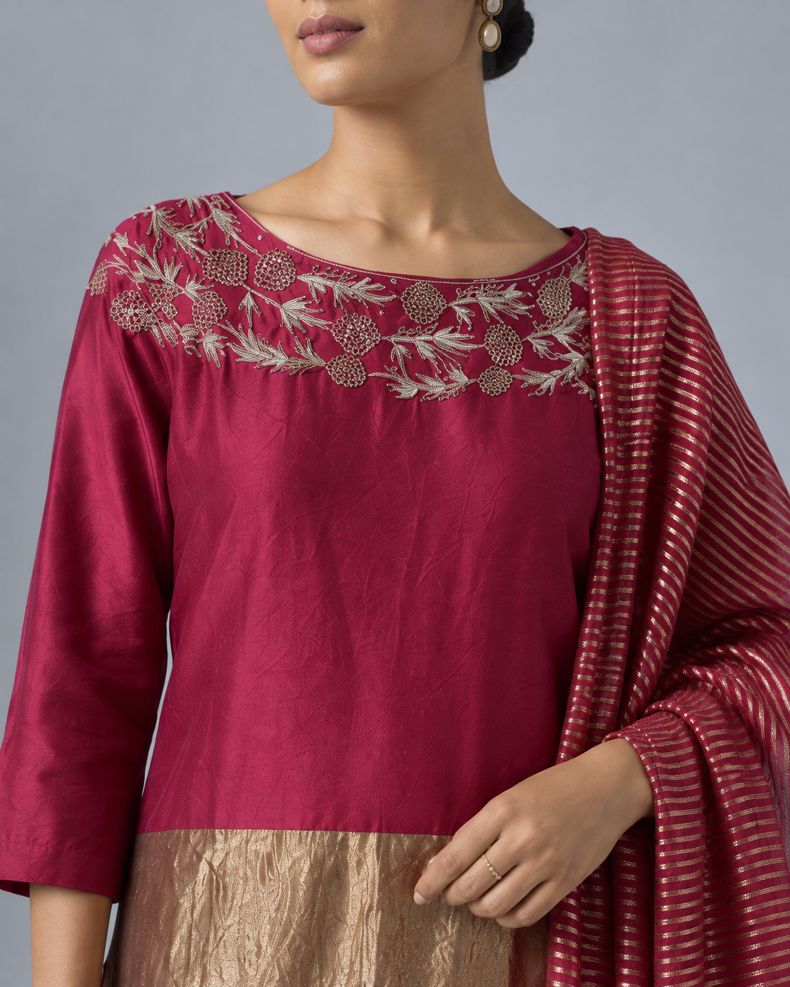Wine & Gold Floral-Yoke Kurta Set — Product photo 5
