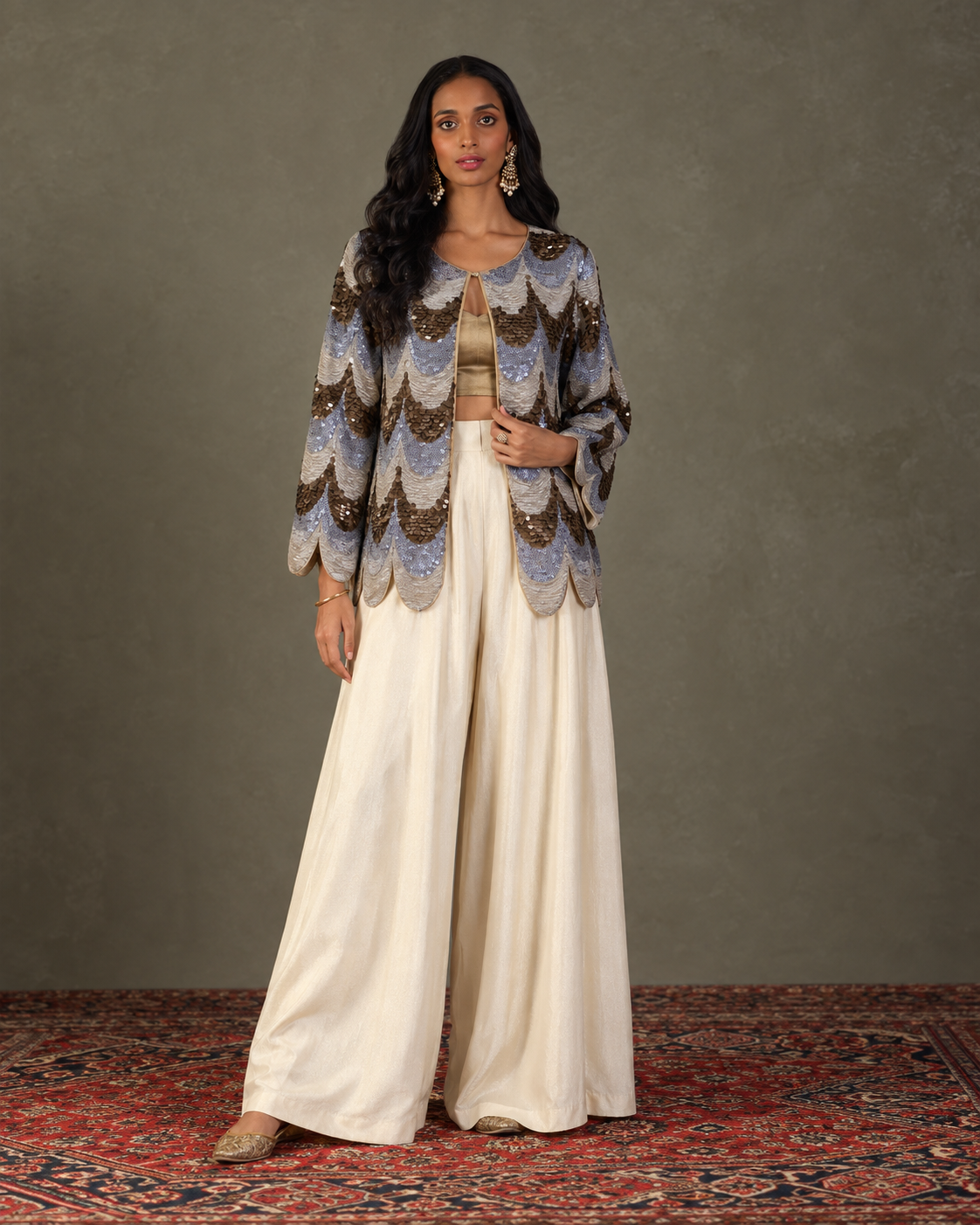 Silver-Blue & Bronze Scalloped Jacket Three-Piece Set — Product photo 1