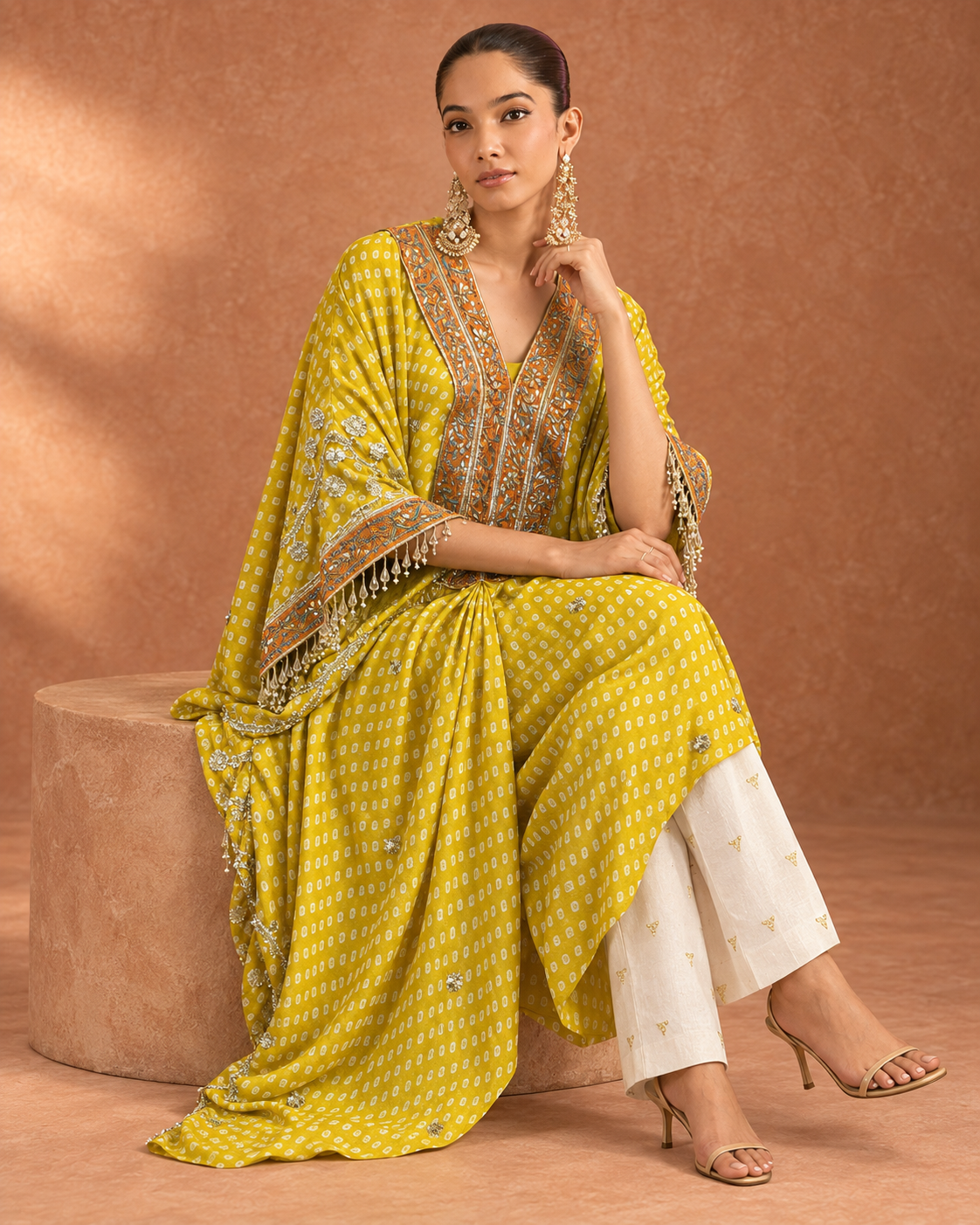 Yellow Bandhani & Orange-Yoke Kaftan Set — Product photo 3