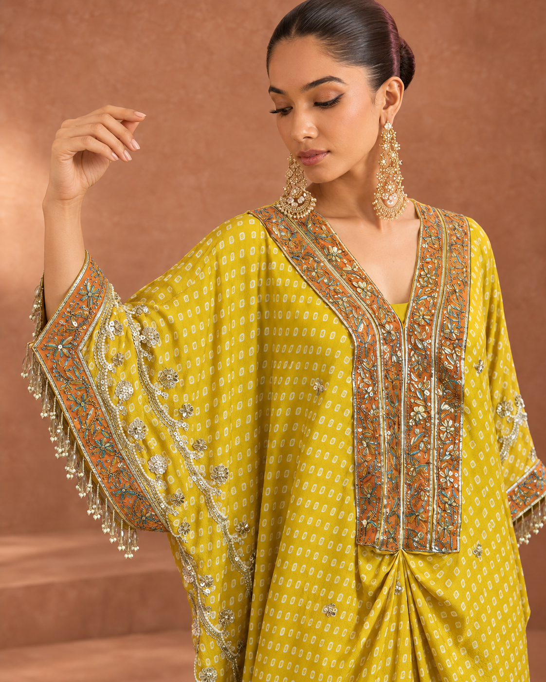 Yellow Bandhani & Orange-Yoke Kaftan Set — Product photo 5