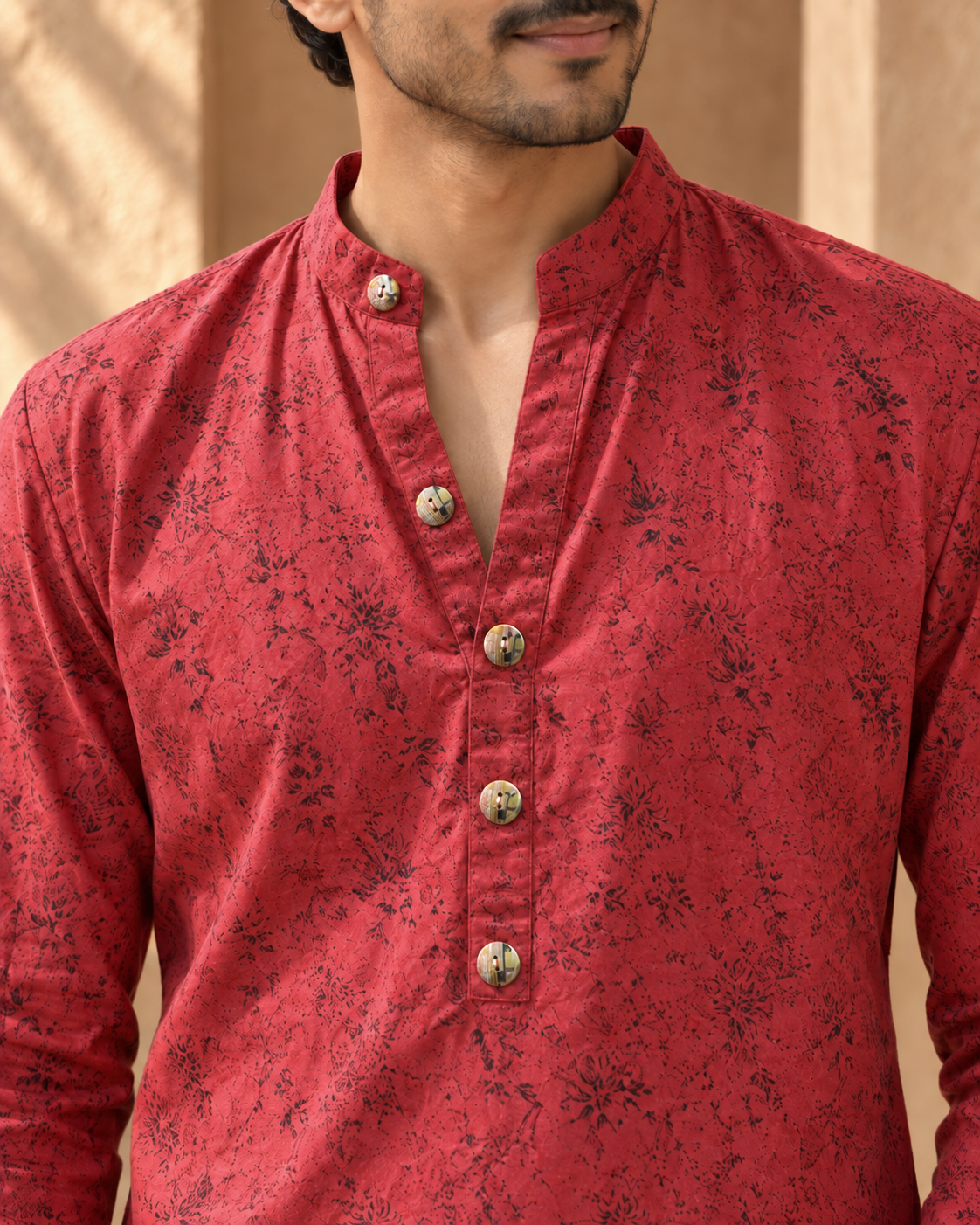 Surkh: Raspberry Botanical Print Men's Kurta Set — close-up of the garment details.