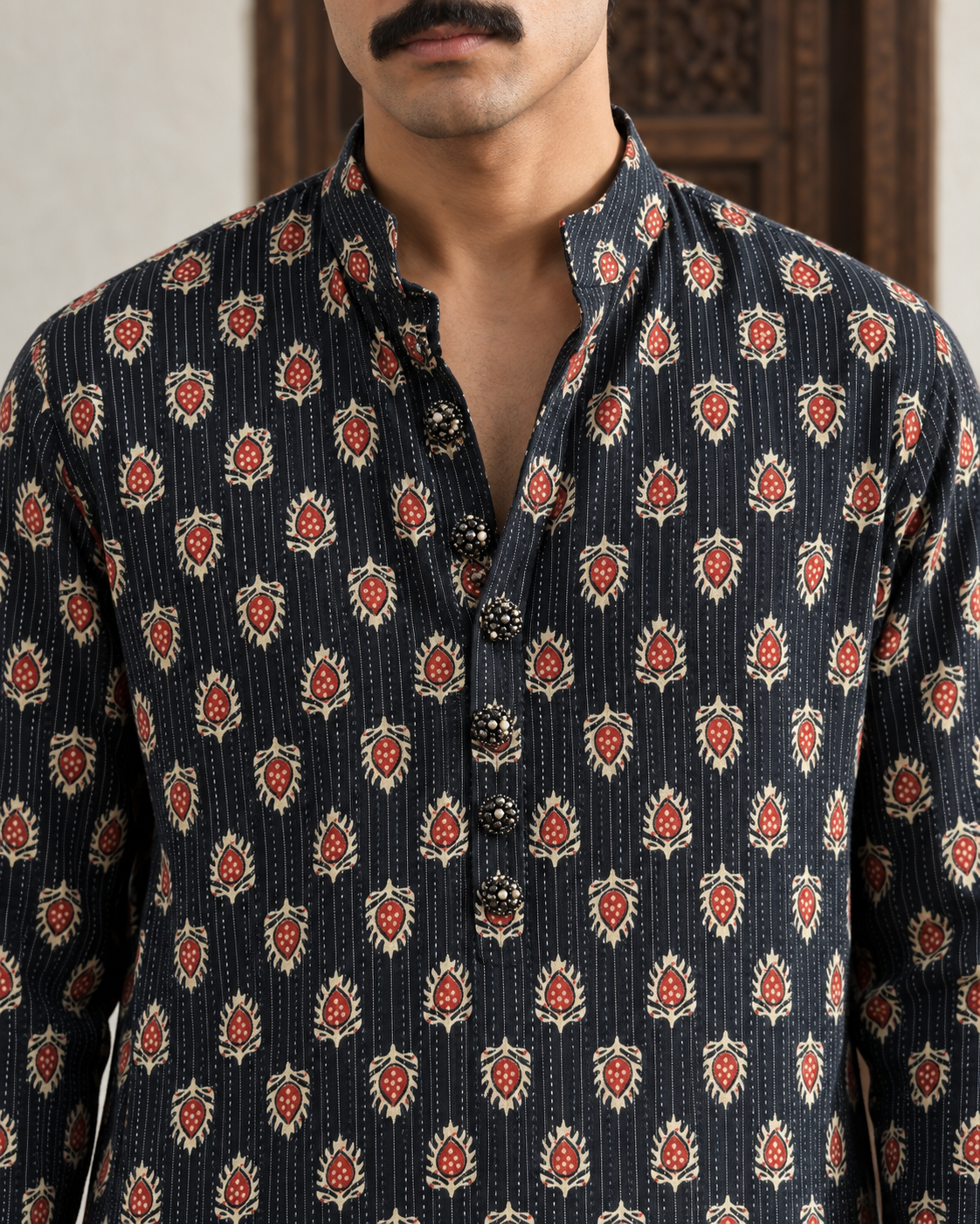 Syaahi: Dark Indigo Floral Men's Kurta Set — close-up of the garment details.
