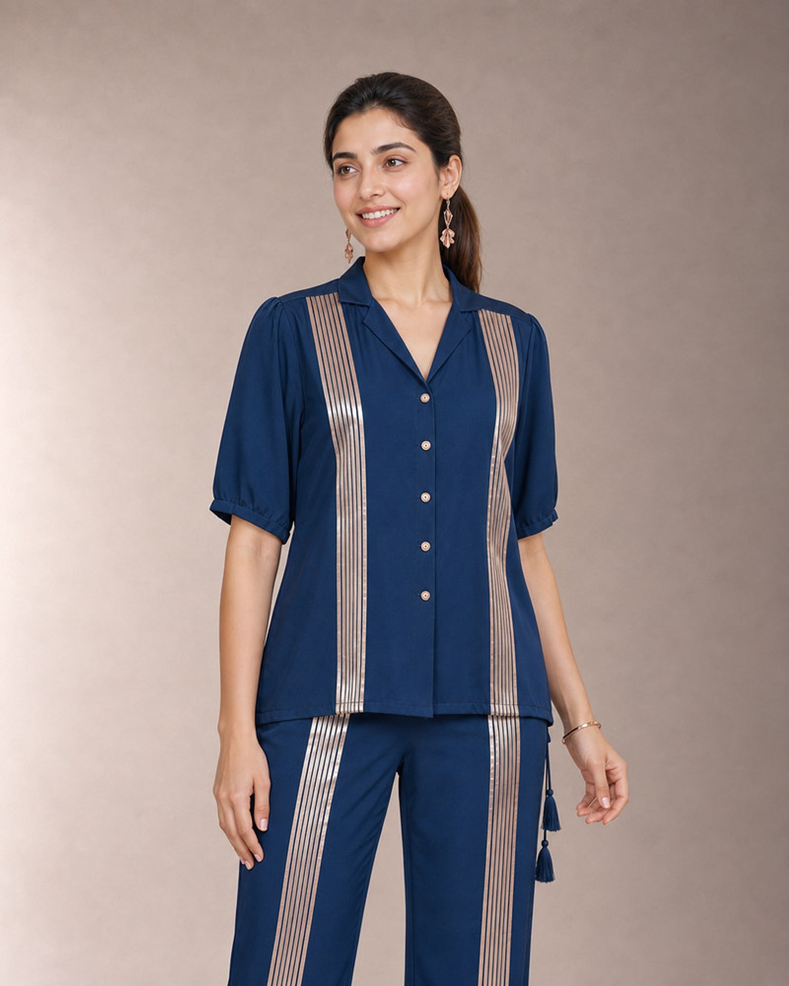 Tarini: Peacock Blue Rose-Gold Band Co-ord Set – embellishment close-up