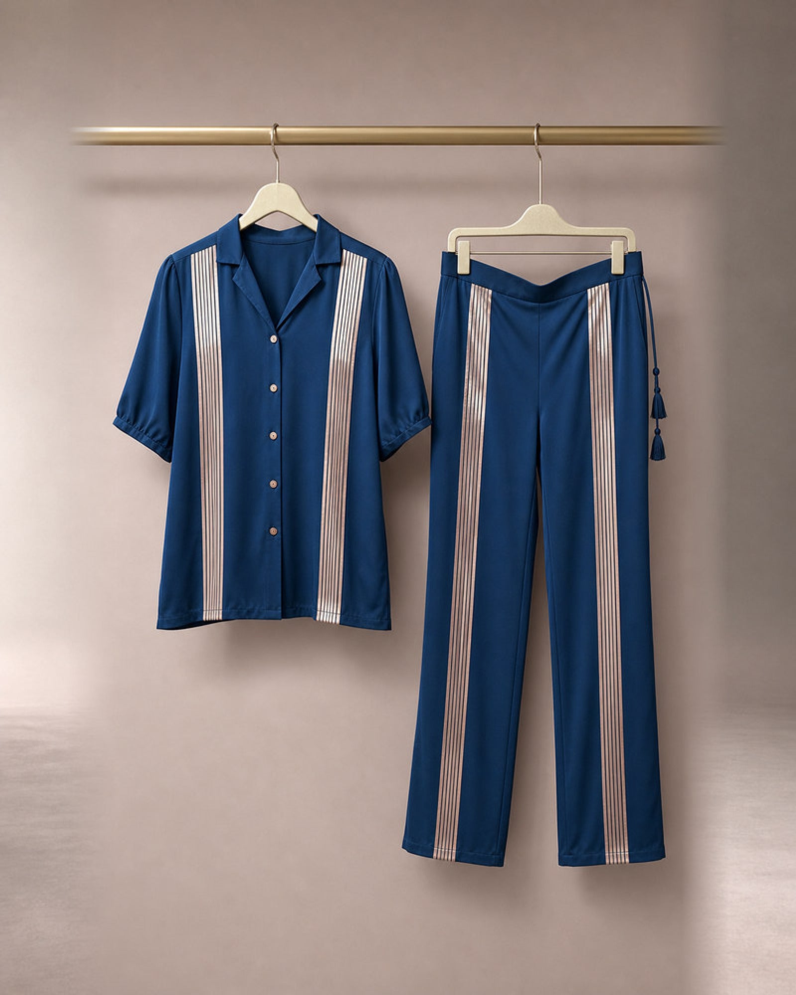Tarini: Peacock Blue Rose-Gold Band Co-ord Set – refined hanger packshot