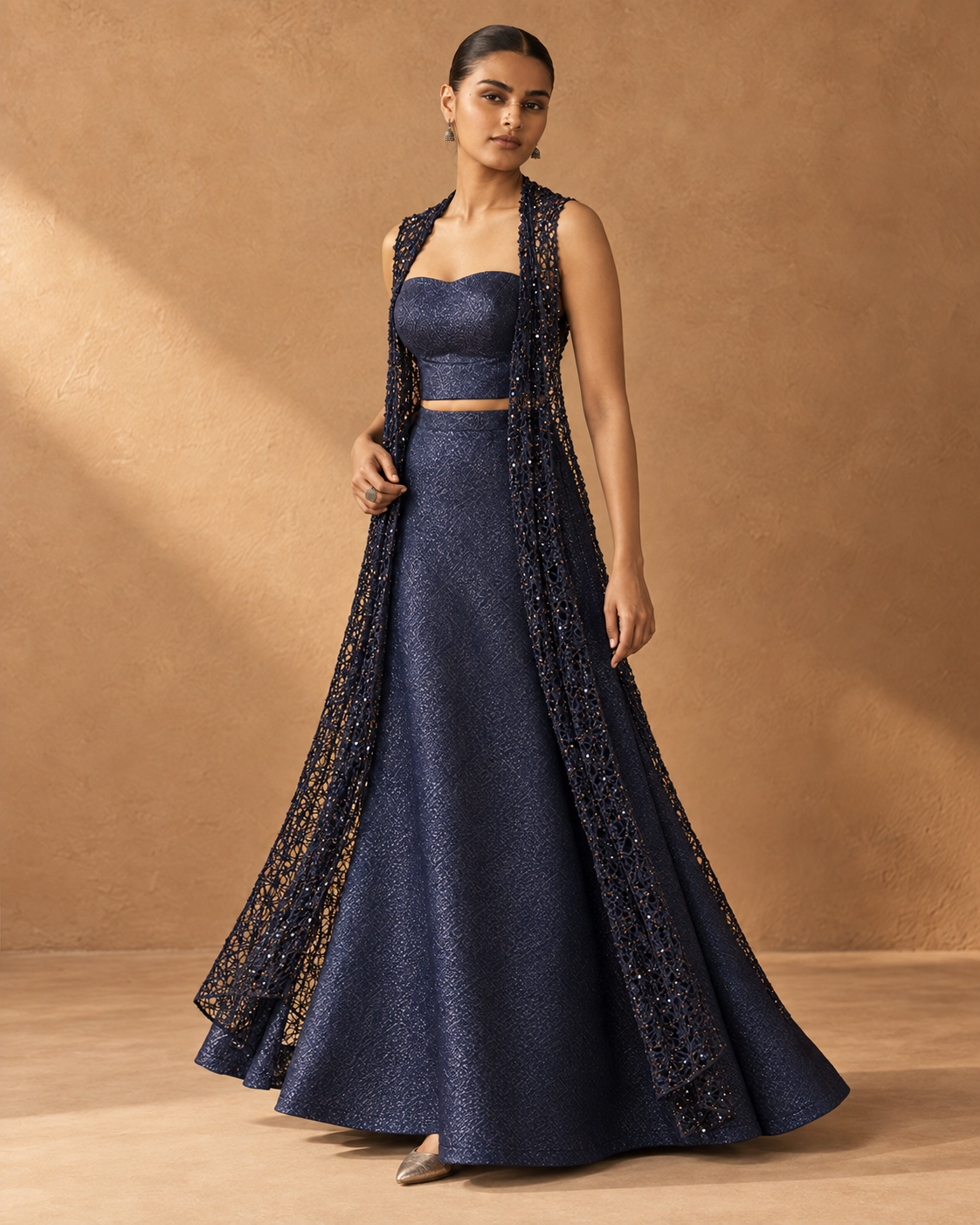 Nilaya navy metallic bustier, long skirt and lace overlay, full-length view