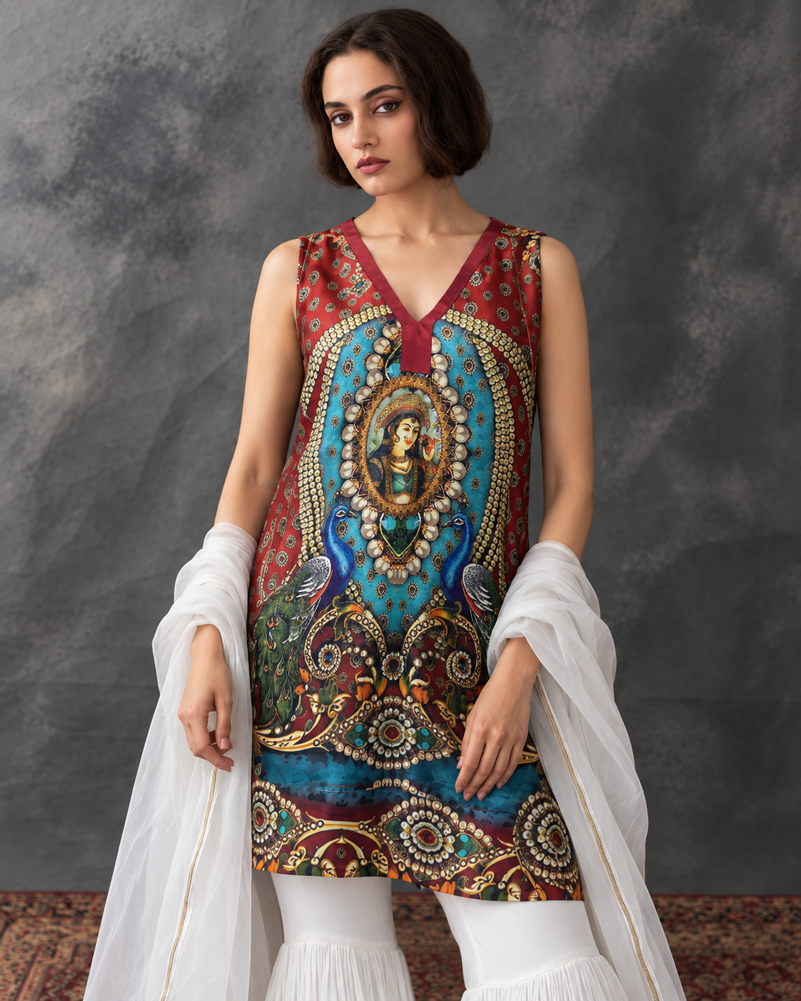 Meenal by House of Somarra — Close-up of the peacock-motif sleeveless top and sheer stole.