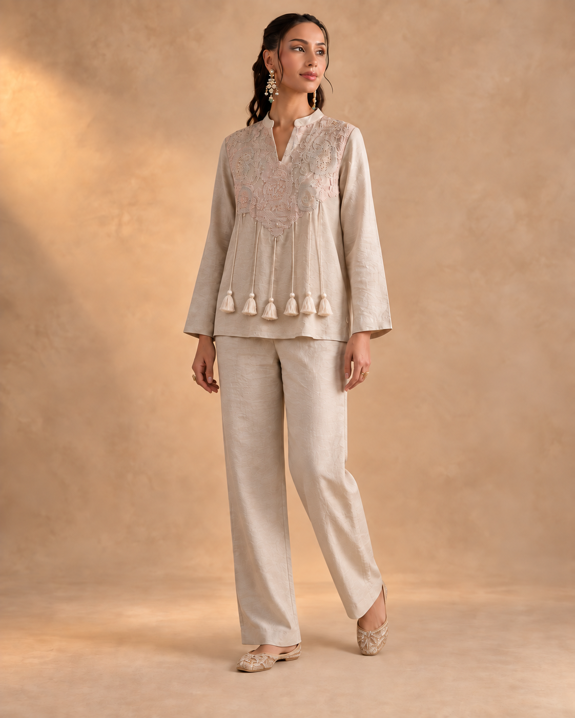 Noorika by House of Somarra — Front view of the pale blush top and matching trousers.