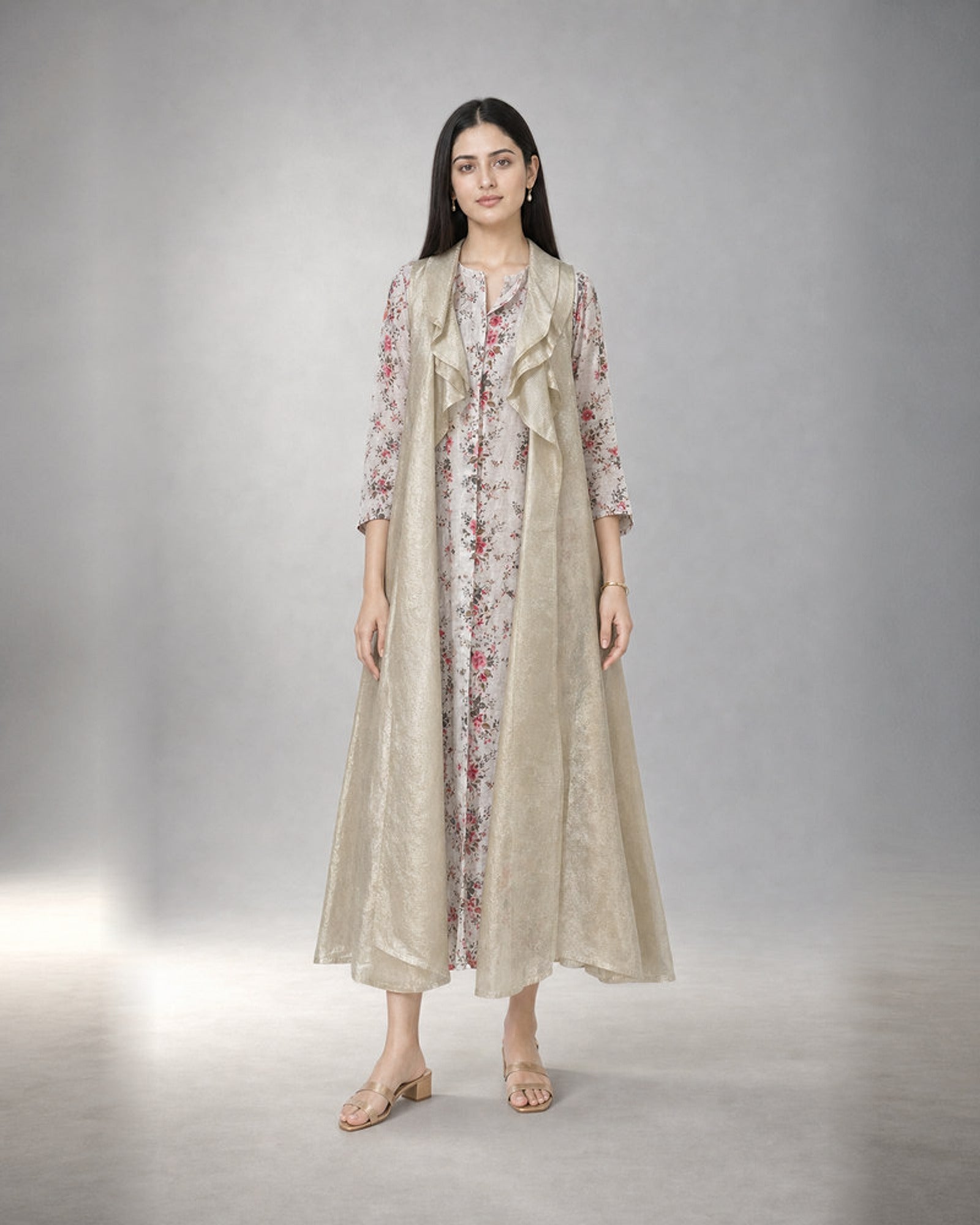 Varnika: Floral Khadi Kurta & Golden Tissue Shrug – hero front