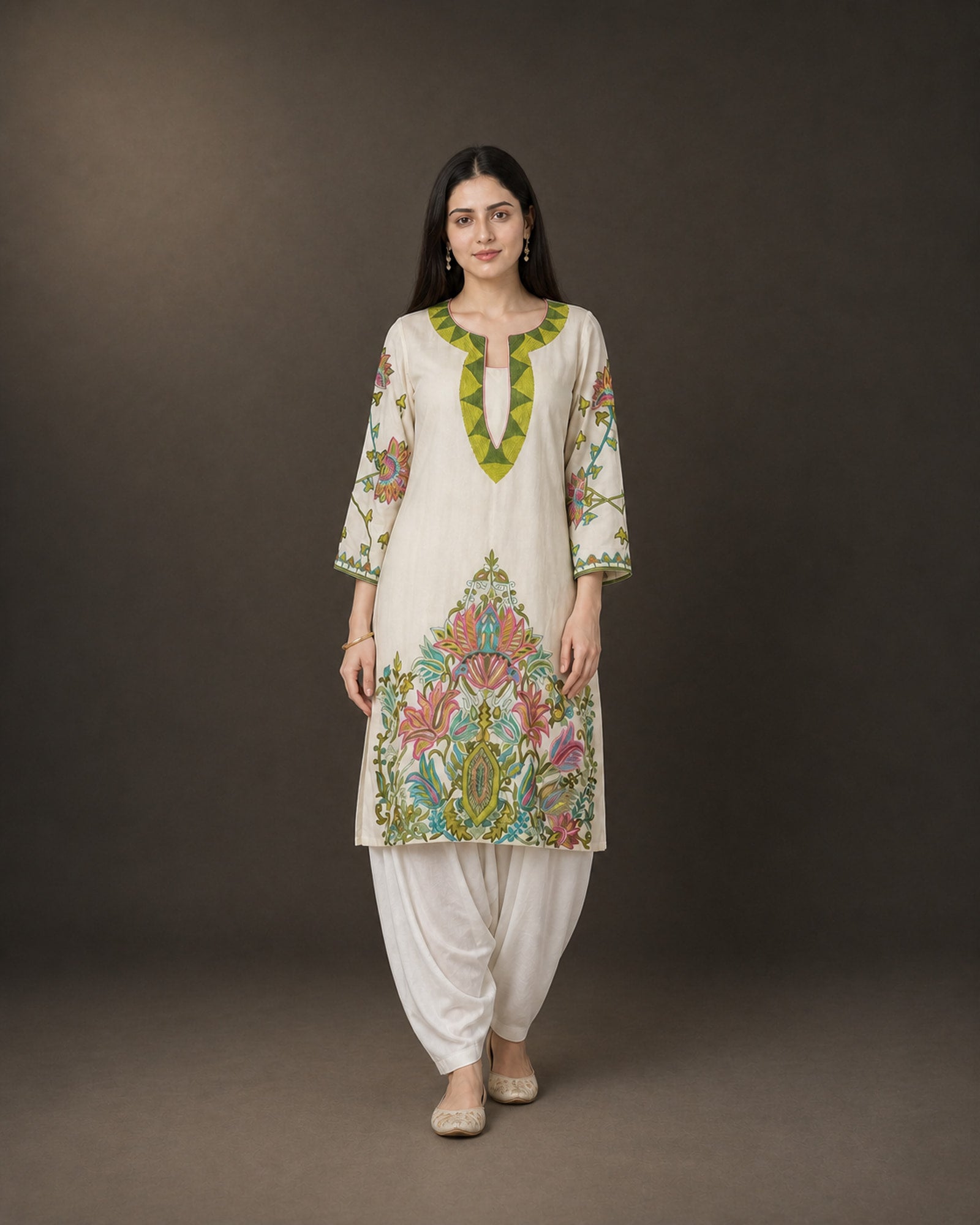 Vasantika: Ivory Botanical Embroidered Kurta & Draped Dhoti Set – hero front