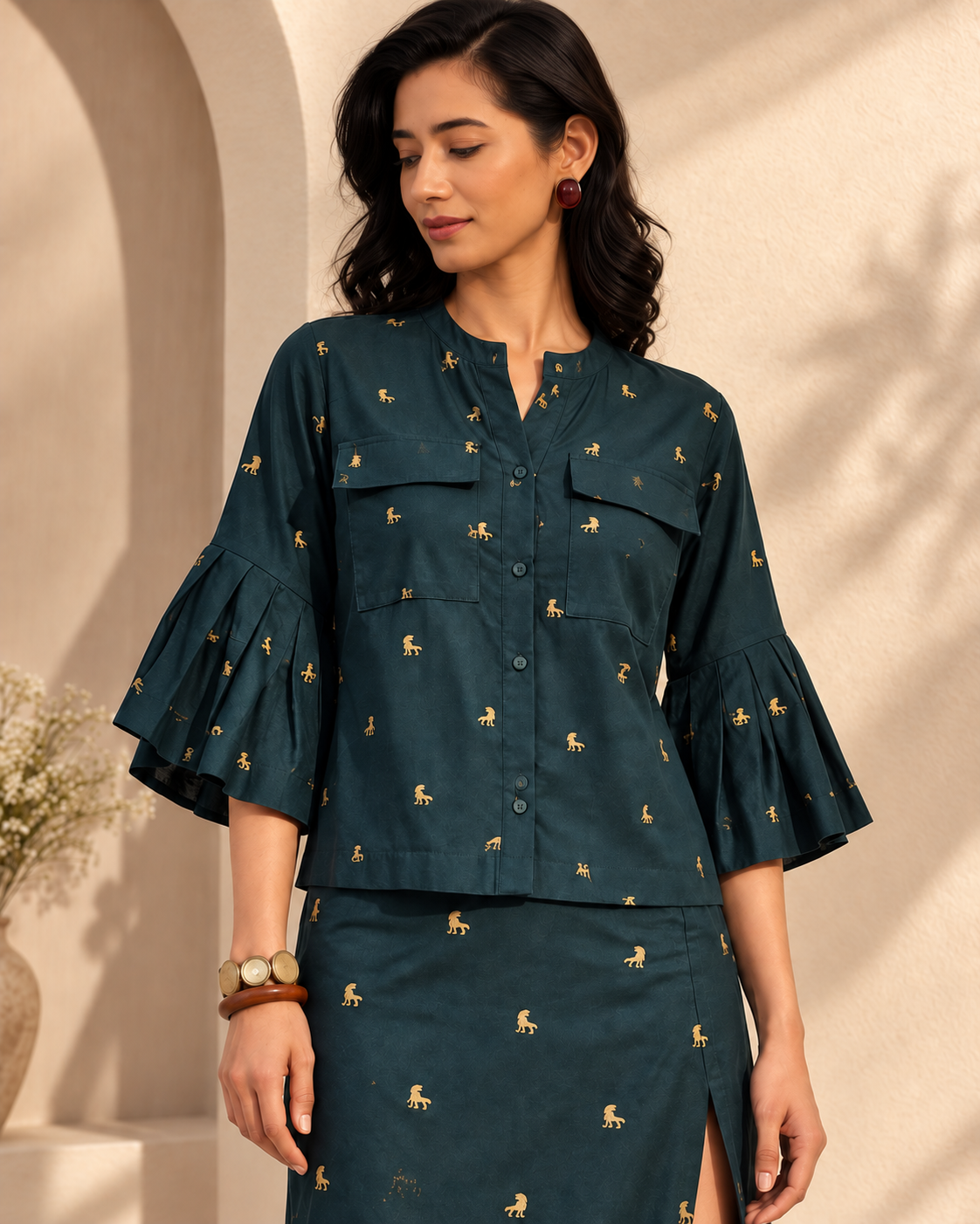 Vihaga by House of Somarra — Close-up of the shirt pockets, small motifs and flared sleeves.