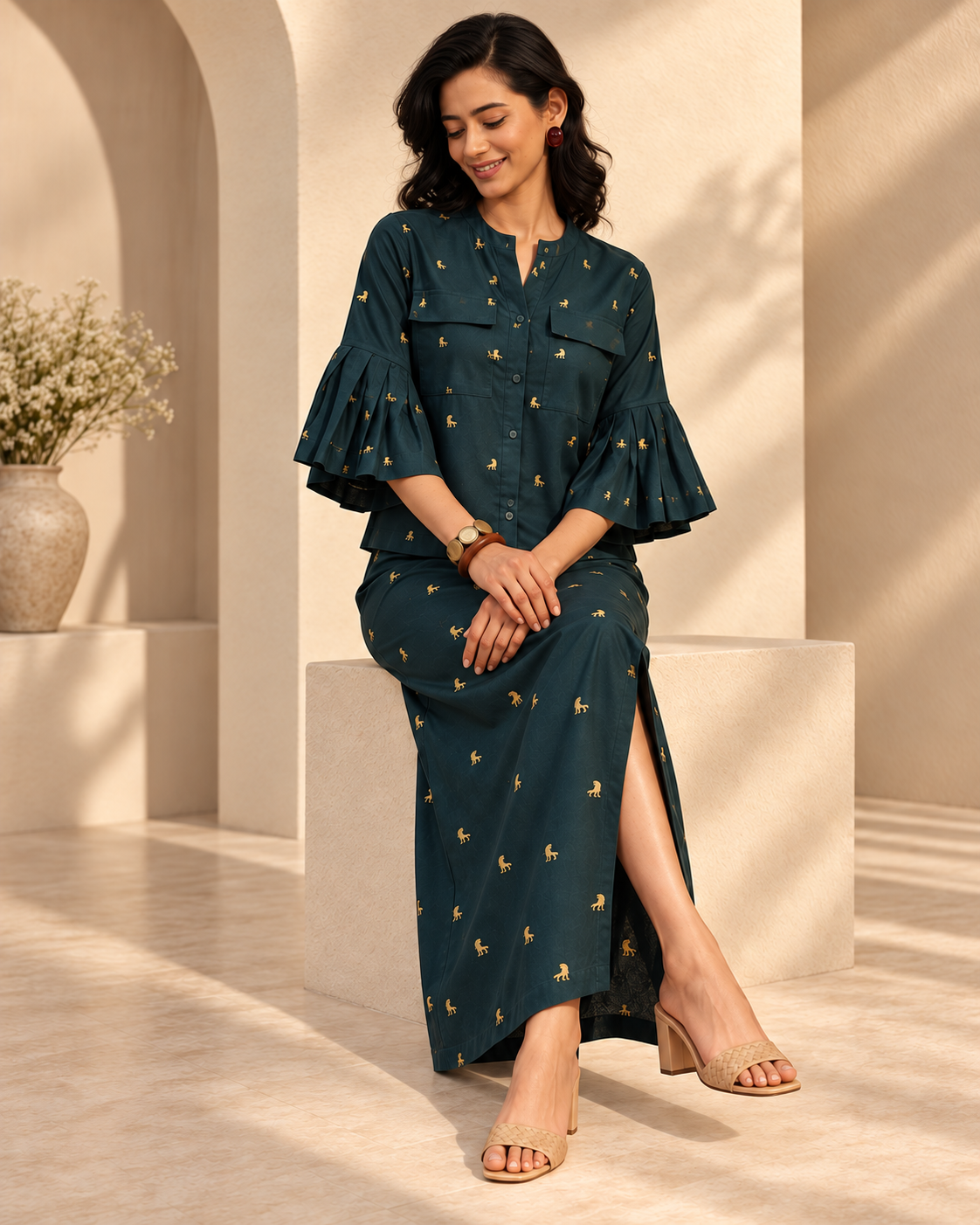 Vihaga by House of Somarra — Seated view showing the green skirt's side slit.