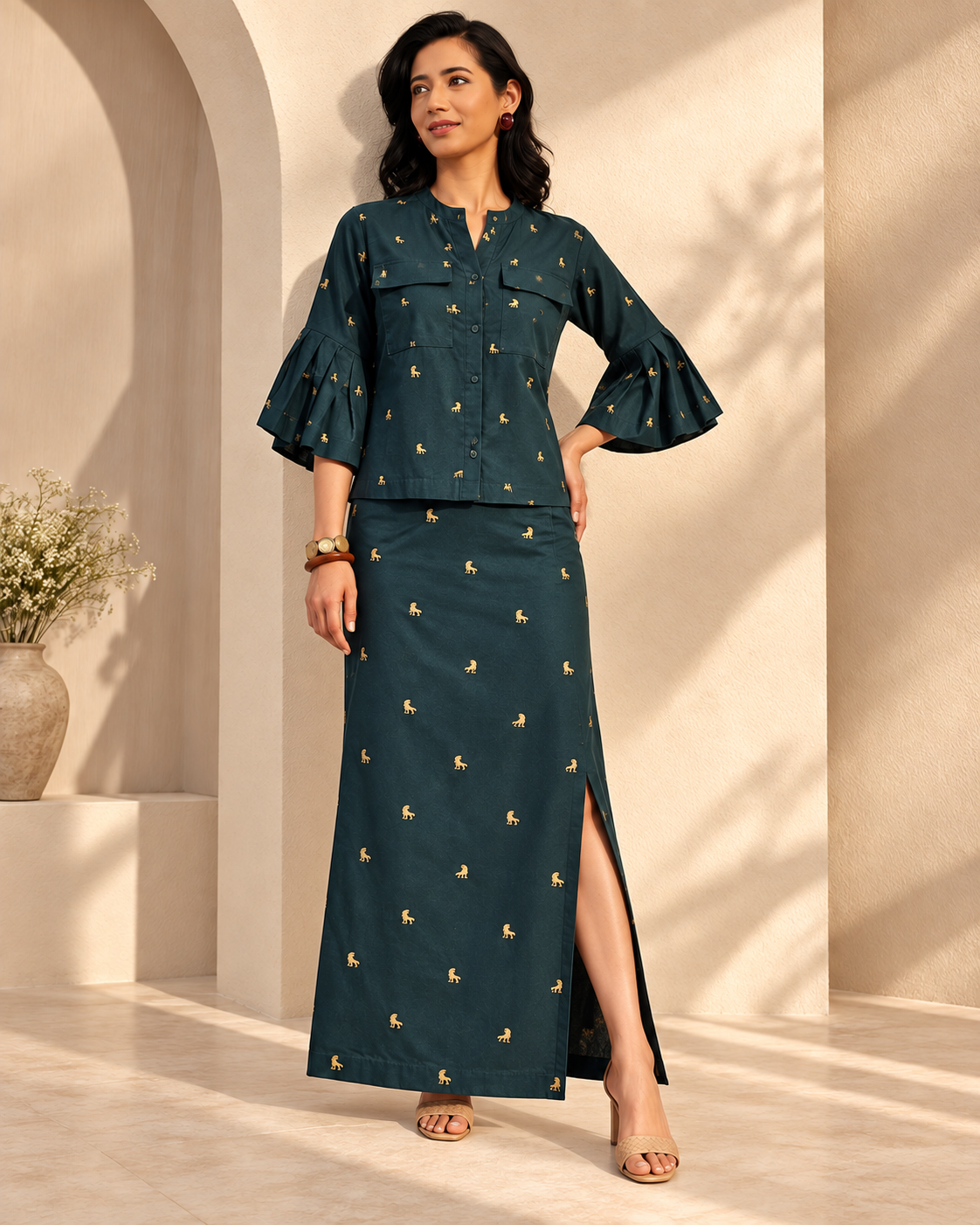 Vihaga by House of Somarra — Full-length view showing the flared sleeves and side-slit skirt.