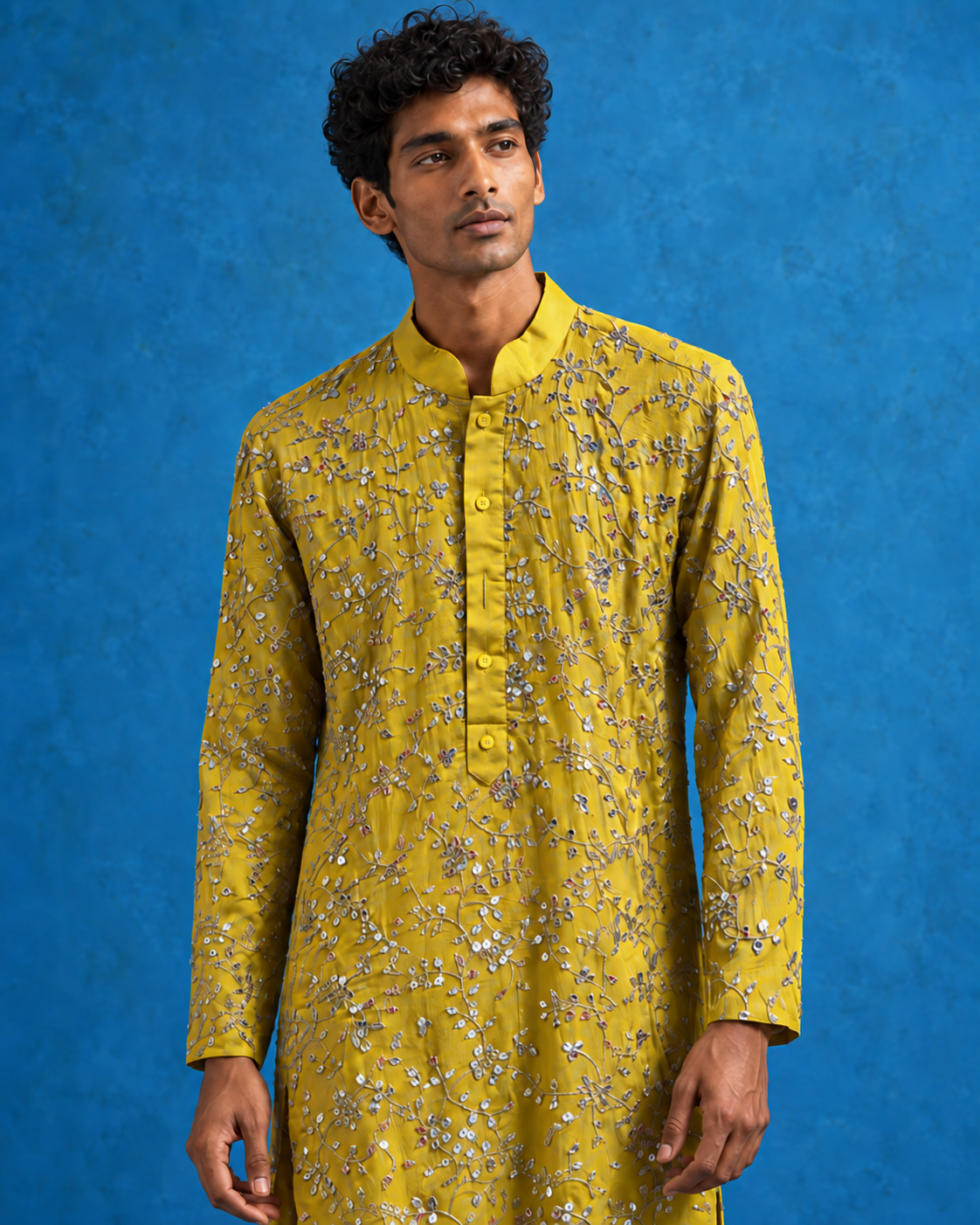 Zard: Citron Floral Embellished Men's Kurta Set — portrait view of the kurta set.
