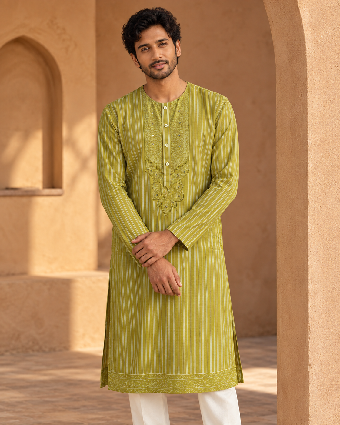 Zarva: Chartreuse Stripe Yoke Men's Kurta Set — portrait view of the kurta set.