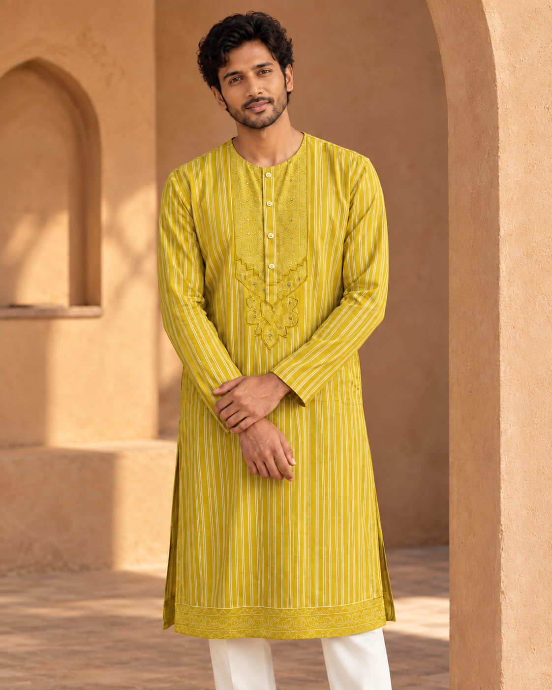 Zarva mustard-yellow striped kurta set — portrait view.