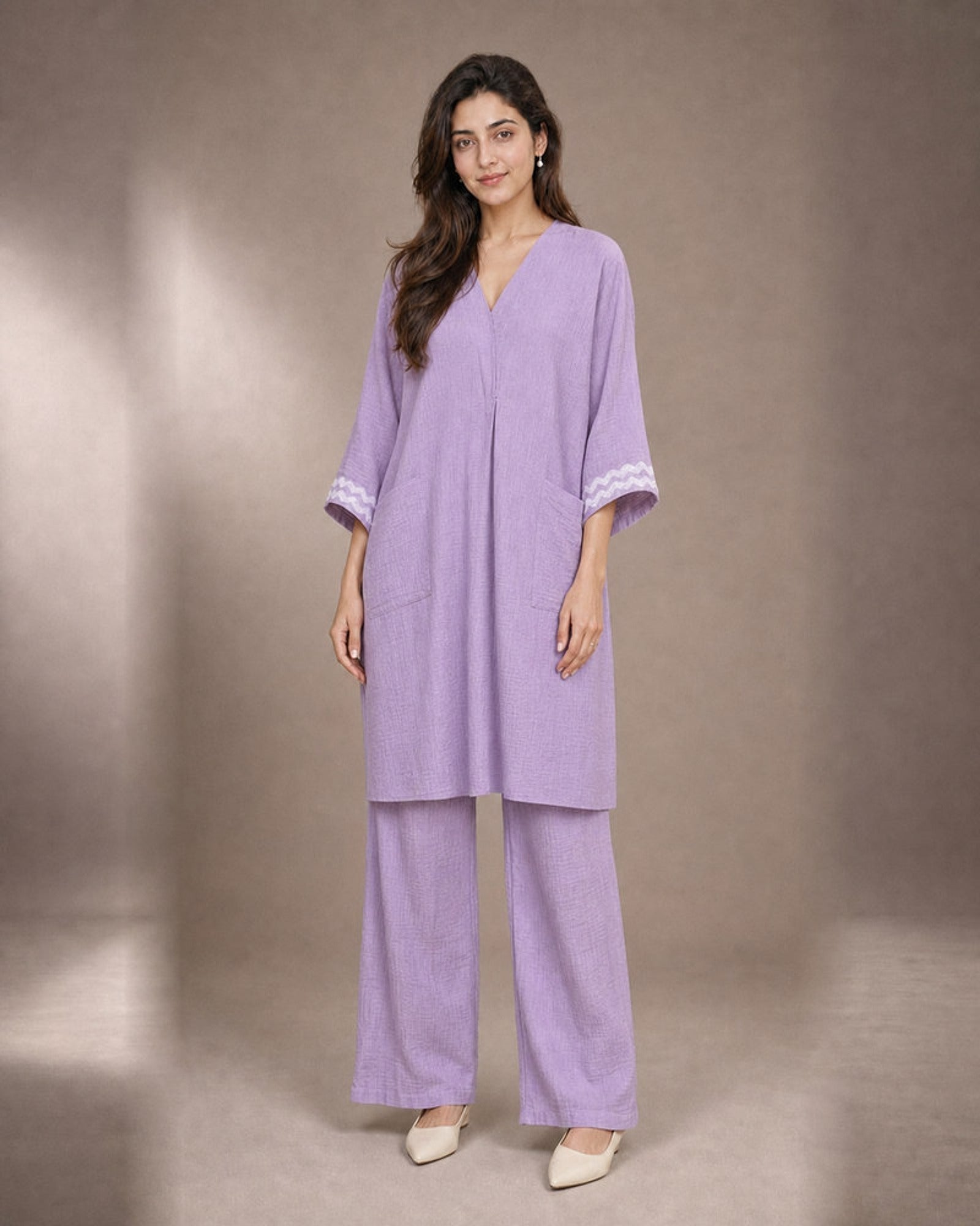 Ameera: Lilac Threadwork Crush Co-ord Set – hero front