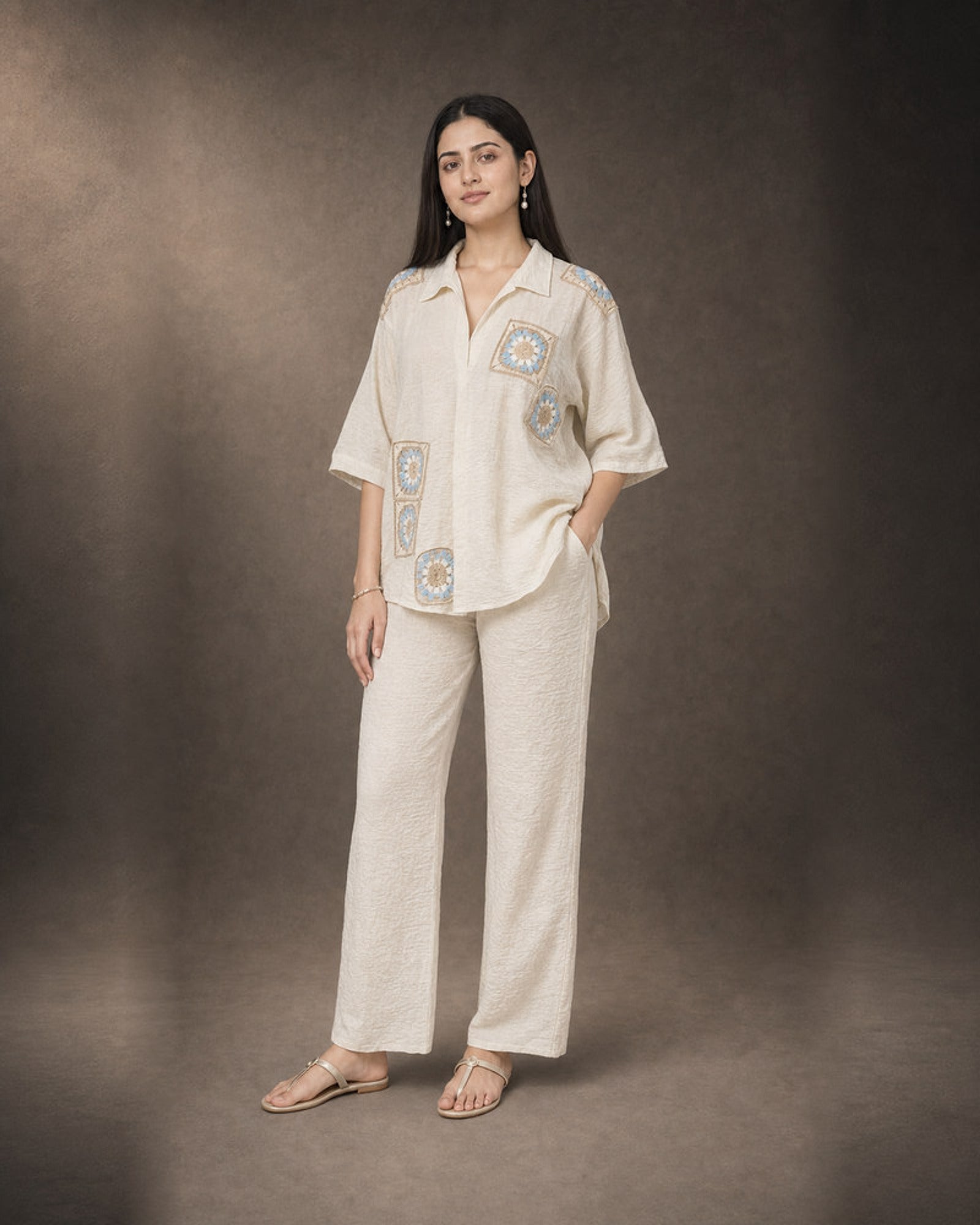 Mihira: Cream Crochet Crush Co-ord Set – hero front