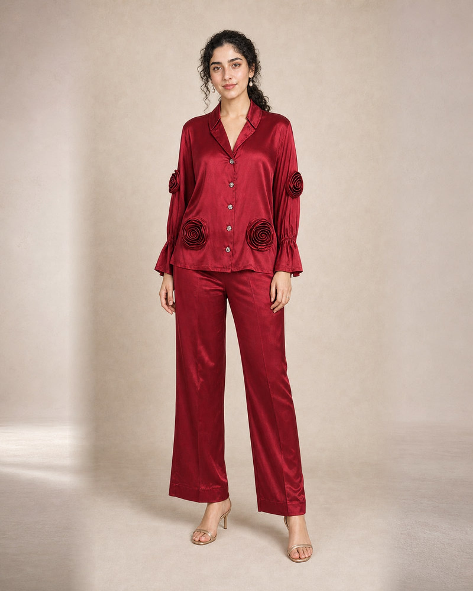 Laalima: Deep Red Rose Motif Satin Co-ord Set – hero front