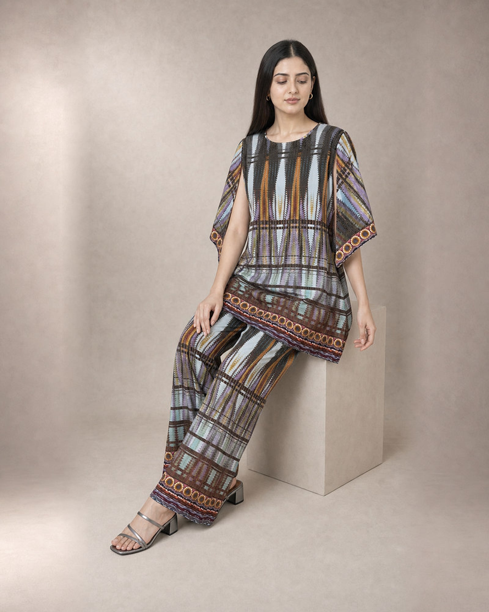 Aroha: Pastel Mosaic Modal Co-ord Set – seated three-quarter