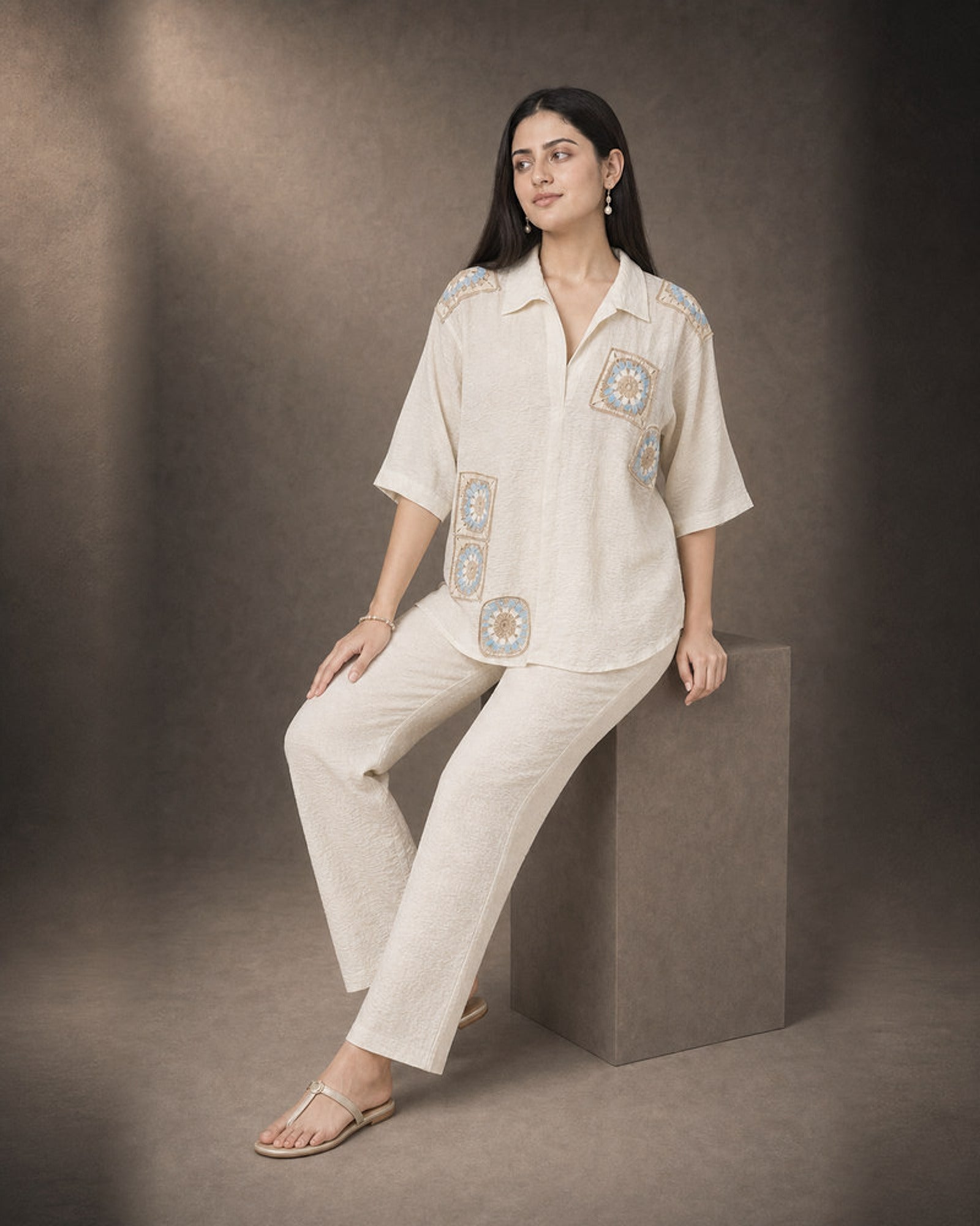 Mihira: Cream Crochet Crush Co-ord Set – seated three-quarter