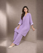 Ameera: Lilac Threadwork Crush Co-ord Set – seated three-quarter