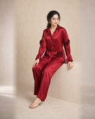 Laalima: Deep Red Rose Motif Satin Co-ord Set – seated three-quarter