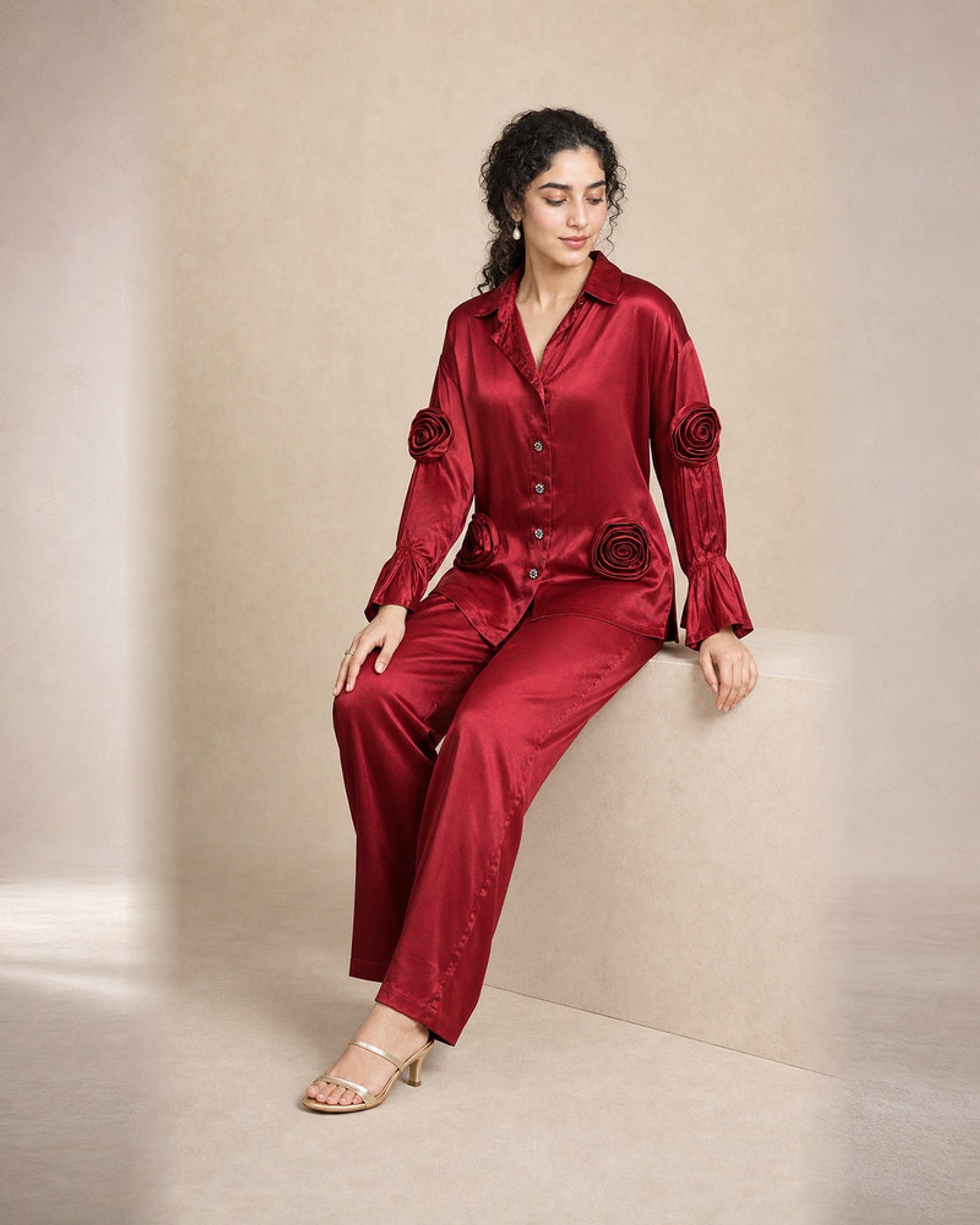 Laalima: Deep Red Rose Motif Satin Co-ord Set – seated three-quarter
