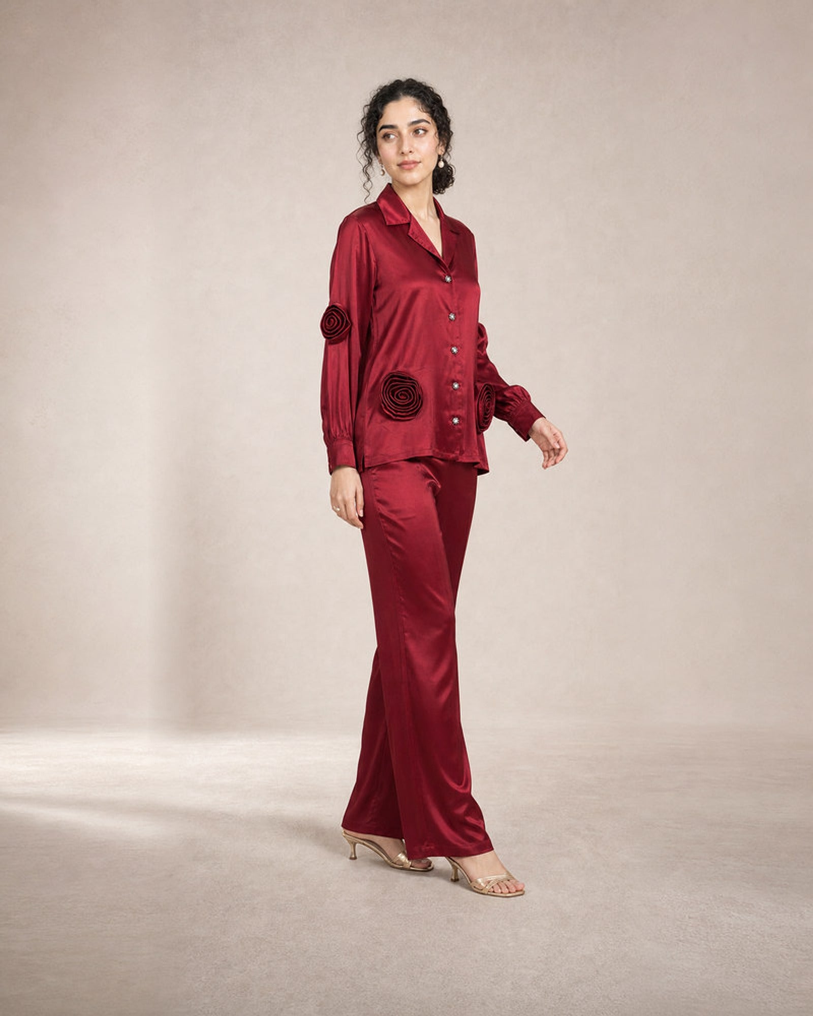 Laalima: Deep Red Rose Motif Satin Co-ord Set – profile or documented back