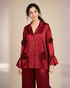 Laalima: Deep Red Rose Motif Satin Co-ord Set – embellishment close-up