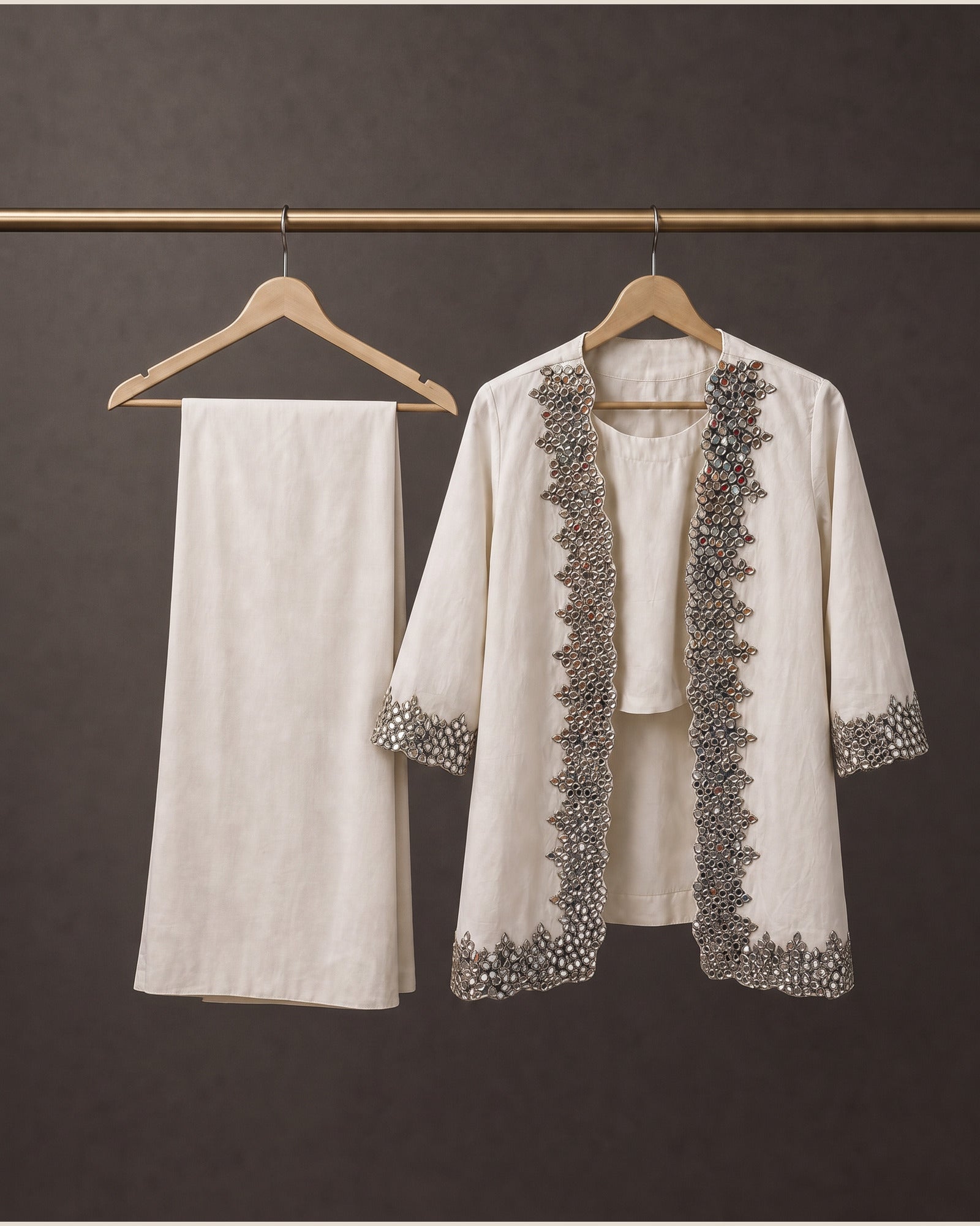 Aaina: Ivory Mirrorwork Three-Piece Co-ord Set – refined hanger packshot