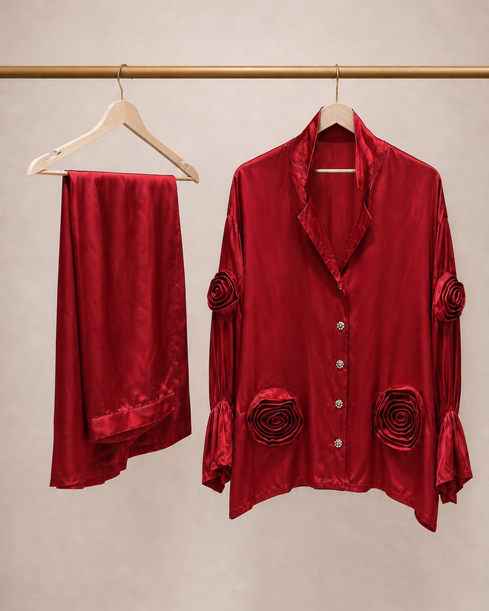 Laalima: Deep Red Rose Motif Satin Co-ord Set – refined hanger packshot