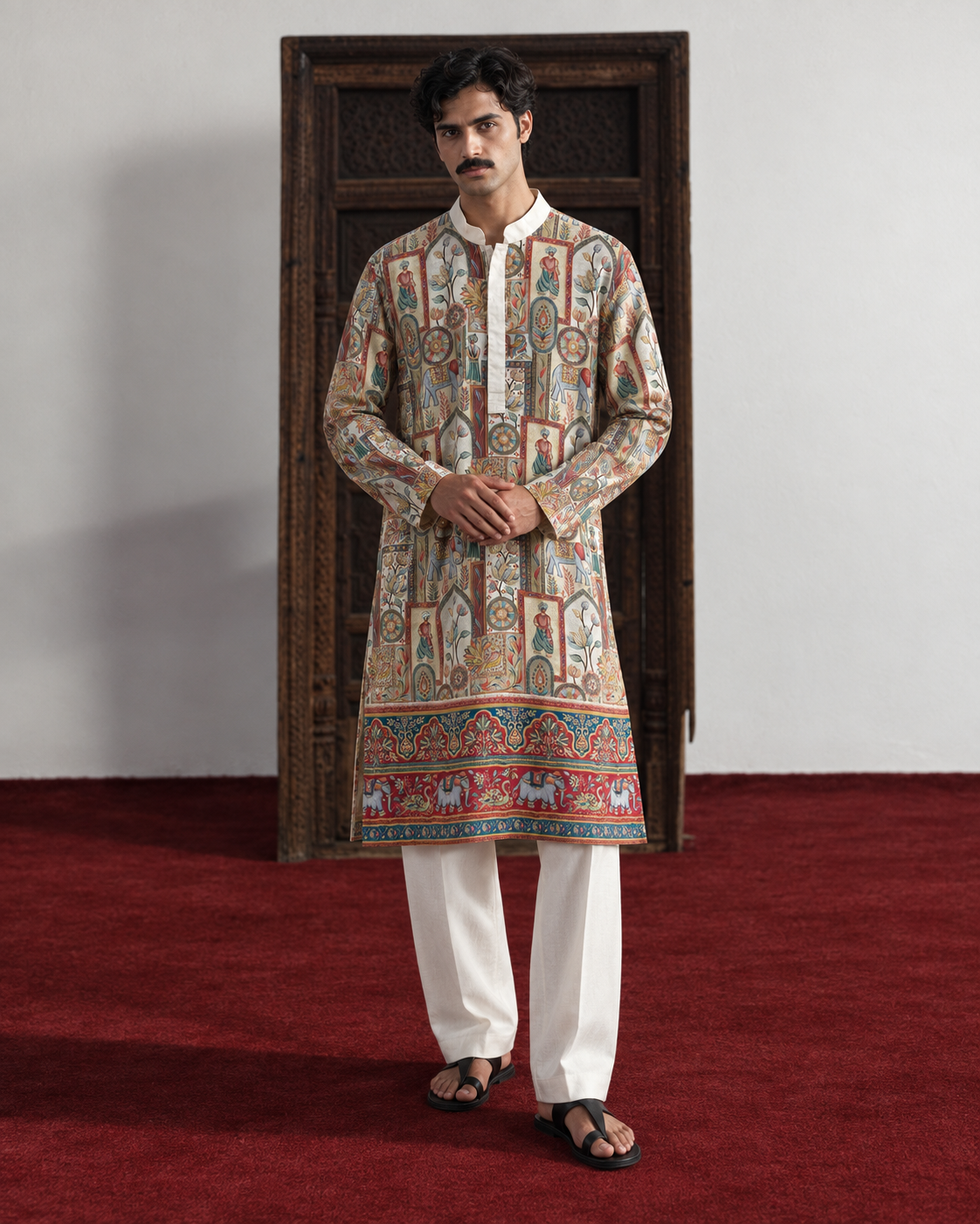 Dastaan by House of Somarra — Front view of the illustrated heritage-print kurta and ivory trousers.
