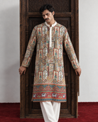 Dastaan by House of Somarra — View showing the printed kurta's colourful border and loose fit.