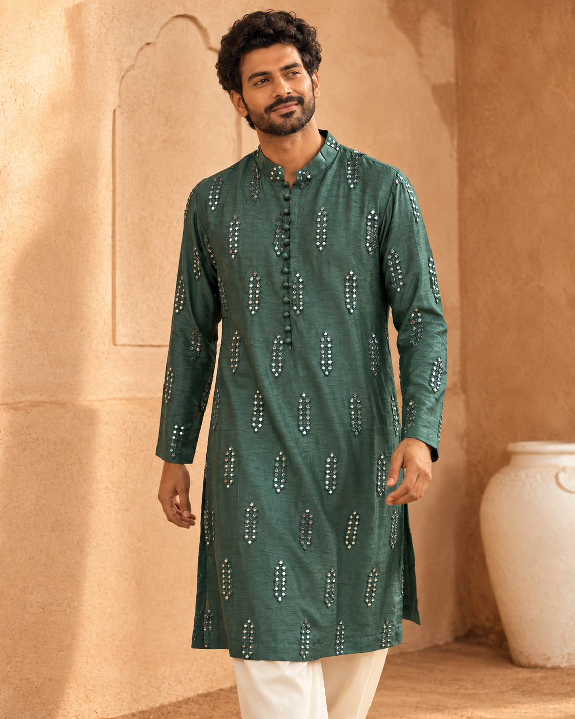 Aks by House of Somarra — Front view showing the scattered mirrorwork and straight kurta silhouette.